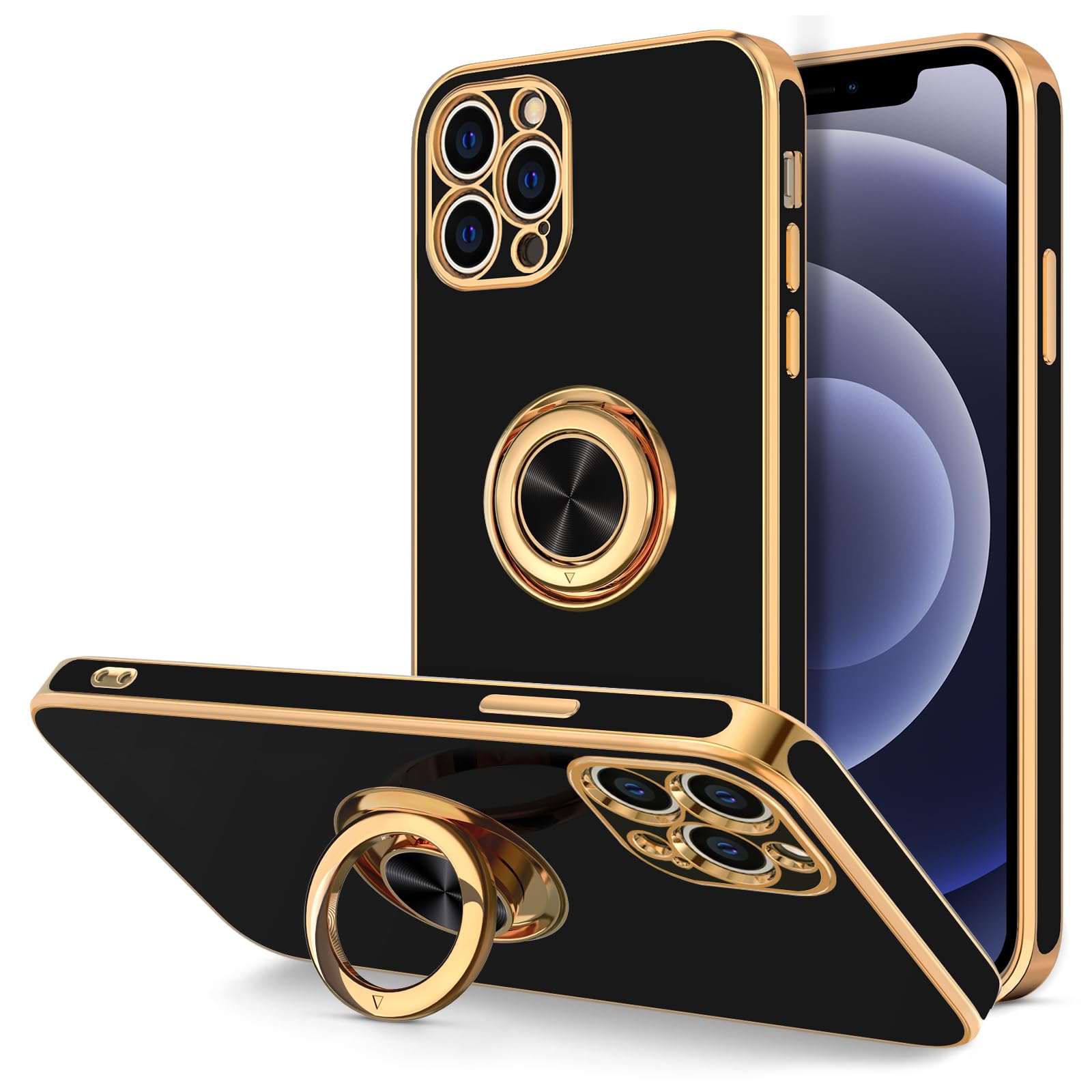 Luxury Rose Gold Plating iPhone 12 Pro Case with 360° Rotatable Magnetic Ring Stand - Shockproof Soft TPU Bumper Protective Phone Cover for Women & Girls (Black) | Perfect for Hands-Free Viewing, Video Calls & Secure Grip