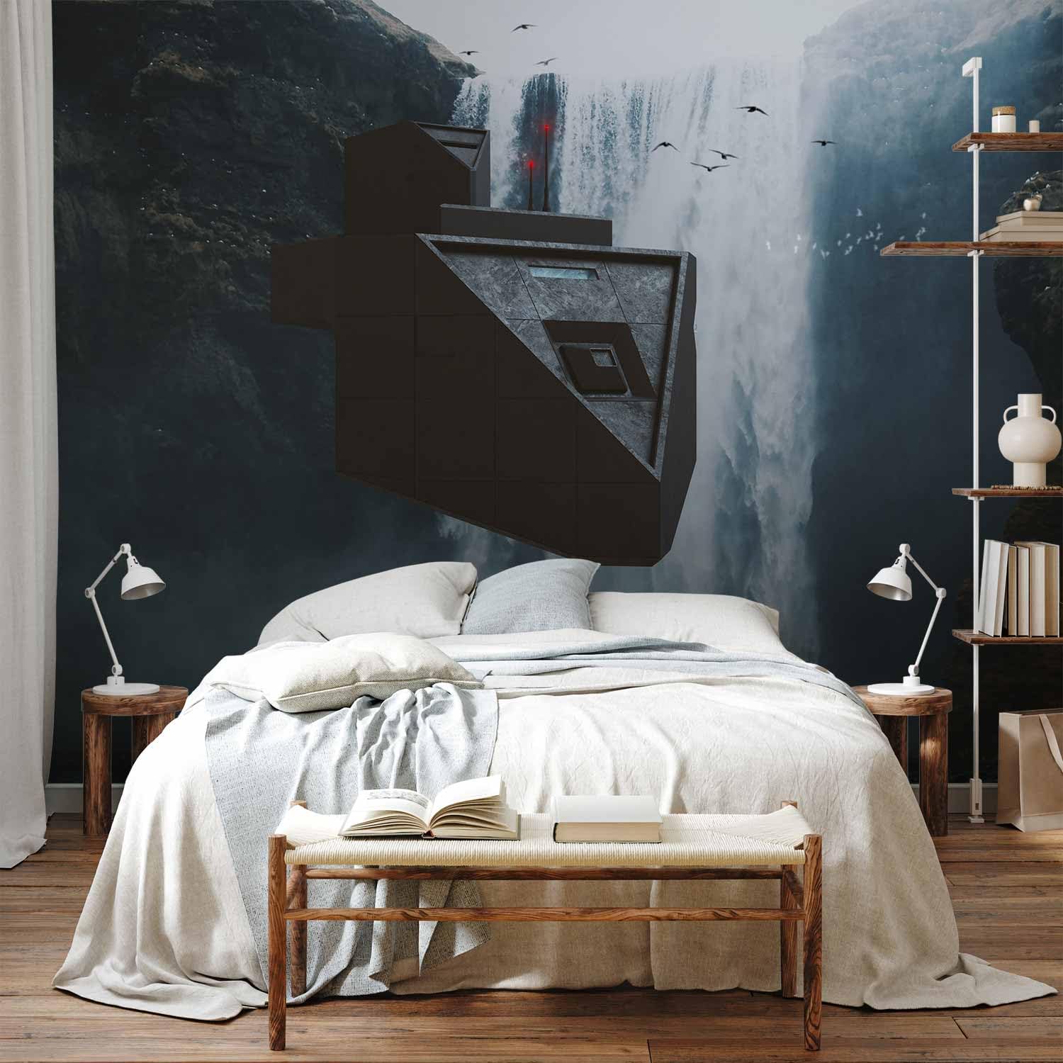 Artgeist Peel and Stick Wall Mural - 173x124 in Abstract Landscape Waterfall & Spaceship Design - Removable Self-Adhesive Wallpaper for Living Room, Bedroom, Office Decor - Large Wall Sticker with Premium Foil Print