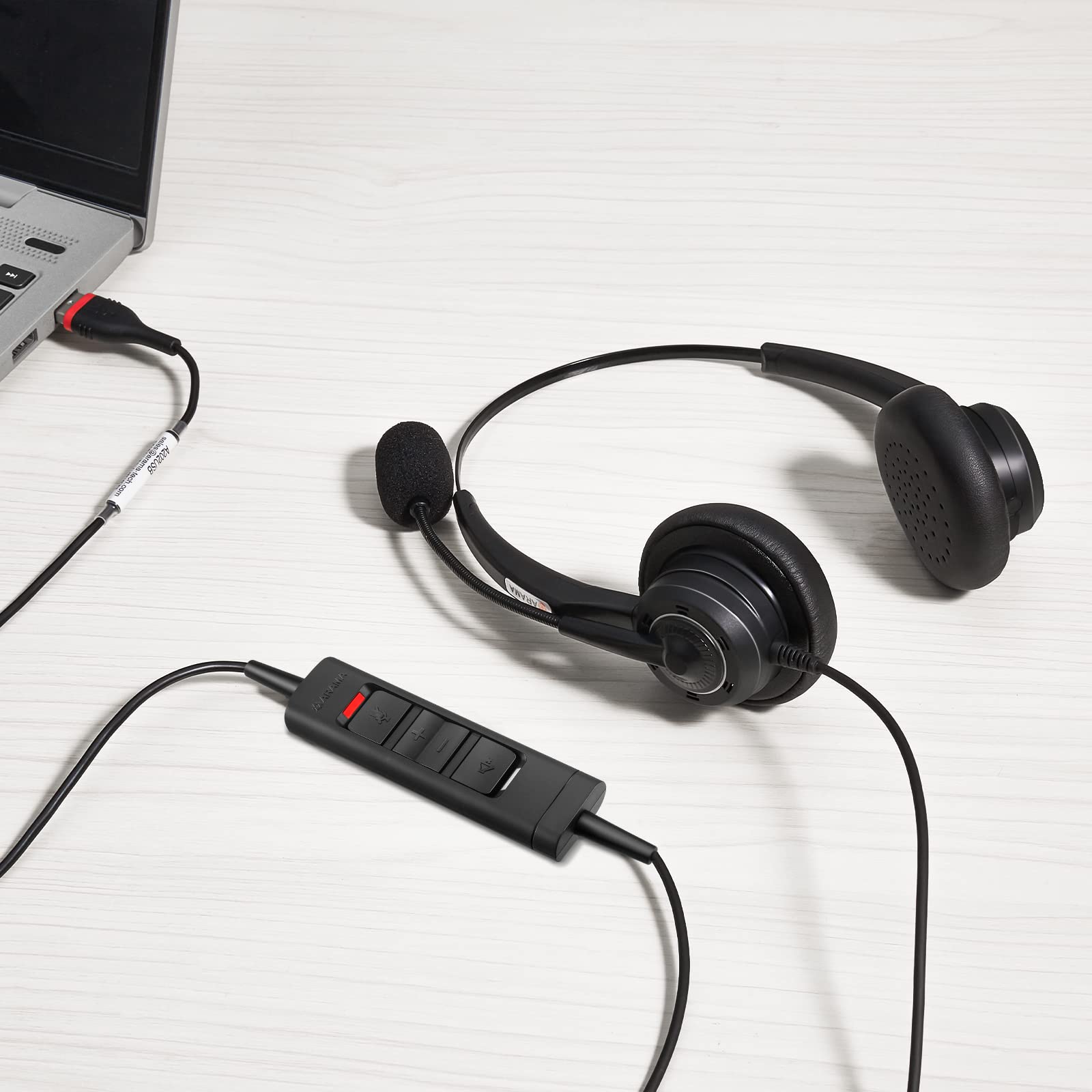 Arama USB Headset with Noise Cancelling Microphone & In-Line Volume Control - Stereo PC Headphones for Laptop, Computer, Business, Home Office - Ideal for Call Center, Skype, Zoom Meetings & Online Chat (Lightweight Design)