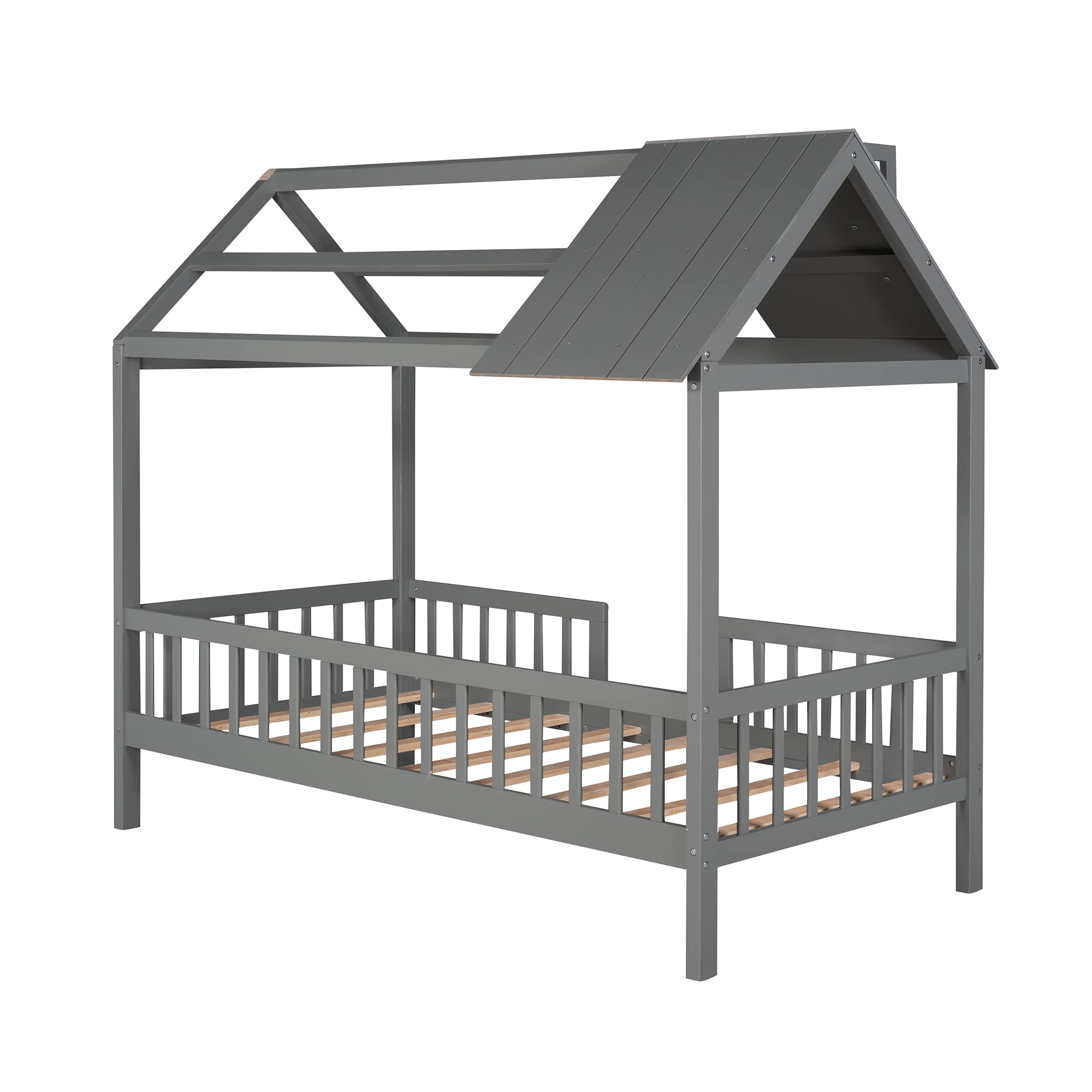 MERITLINE Twin Size Wooden House Bed Frame with Safety Fence - Montessori Style Platform Bed with Wood Slats Support - Playhouse Bed for Toddlers, Kids & Teens - Grey - Perfect for Bedrooms, Playrooms & Montessori Learning Spaces