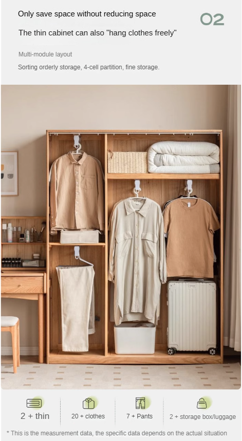 Solid Oak Wood Wardrobe with Thin Fabric Curtain - Stylish Closet Organizer for Bedroom, Living Room & Dorm Storage