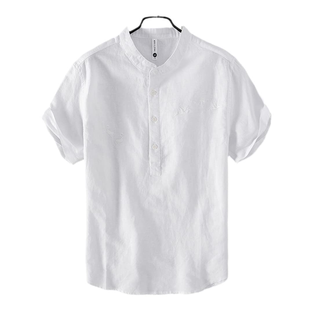 Chinese Style Men's White Embroidered Shirt - Breathable Soft Short Sleeve Top for Casual Wear & Summer Outfits