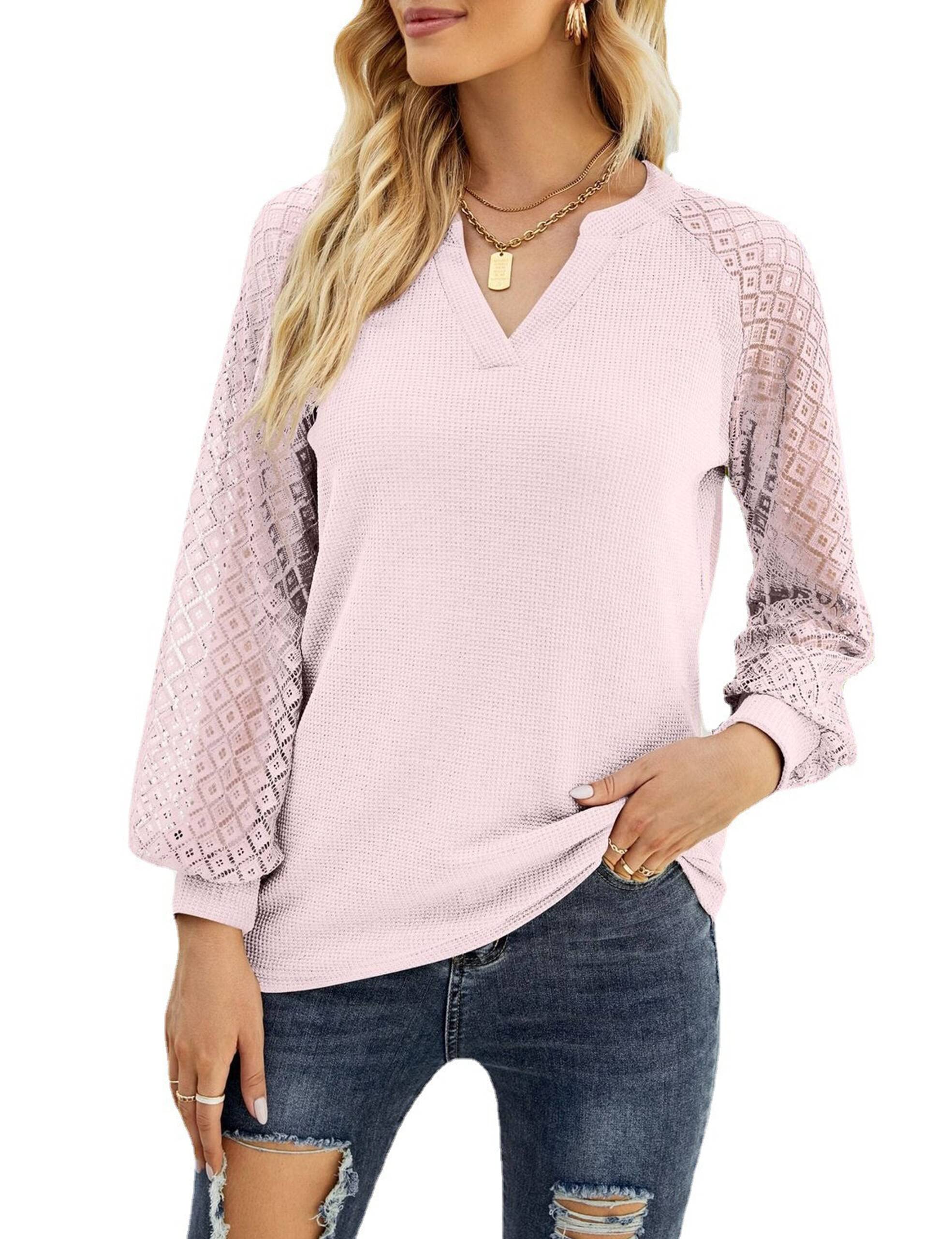 ZILIN Women's Long Sleeve V-Neck Waffle Knit Blouse - Elegant Lace Puff Sleeve Hollow Out Tunic Top for Casual Wear, Office, Date Night & Special Occasions