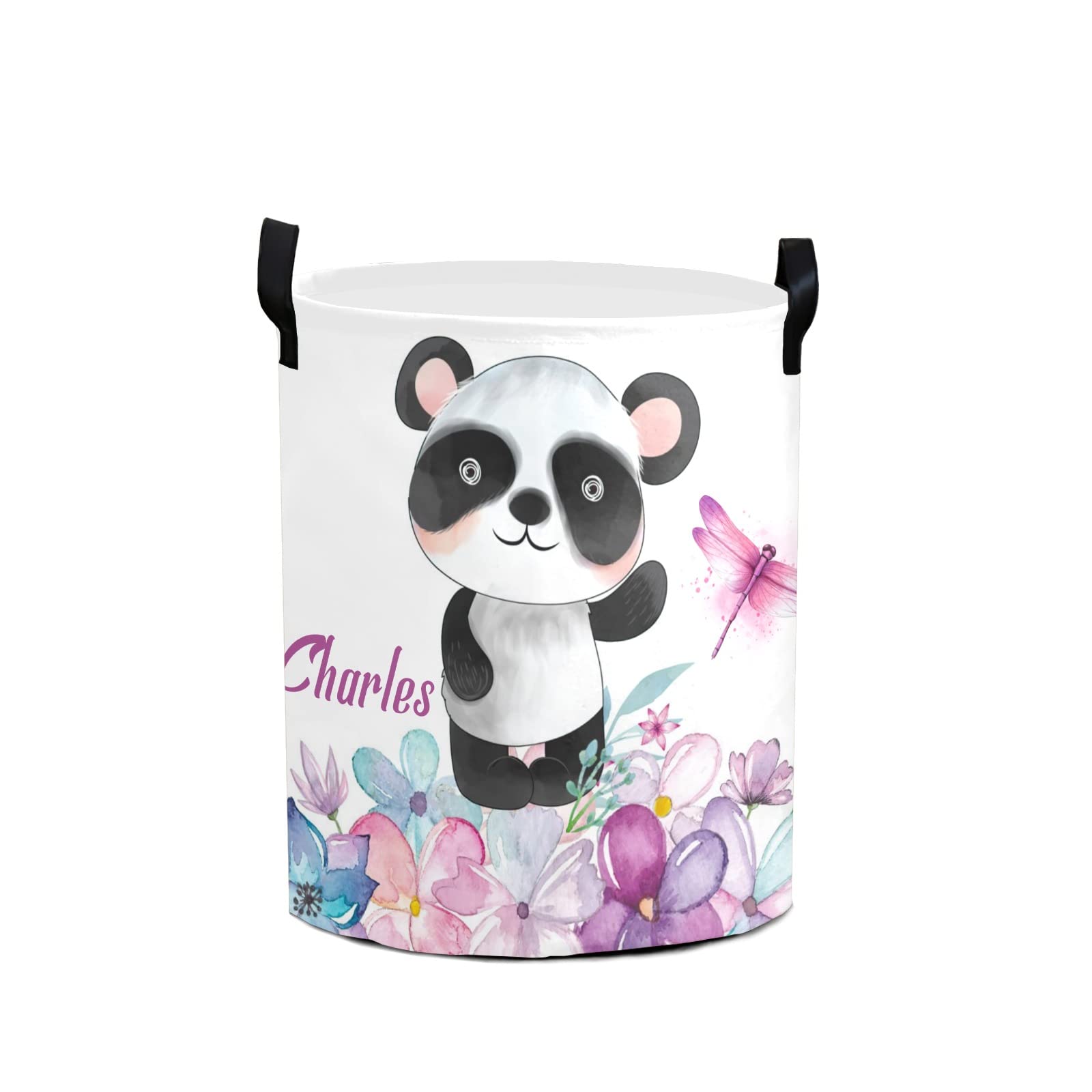 Custom Personalized Panda & Floral Laundry Hamper Basket with Handle - Name Embroidery Storage Organizer for Clothes, Toys & Linens - Perfect for Bathroom, Bedroom, Living Room & Dorm Room Organization