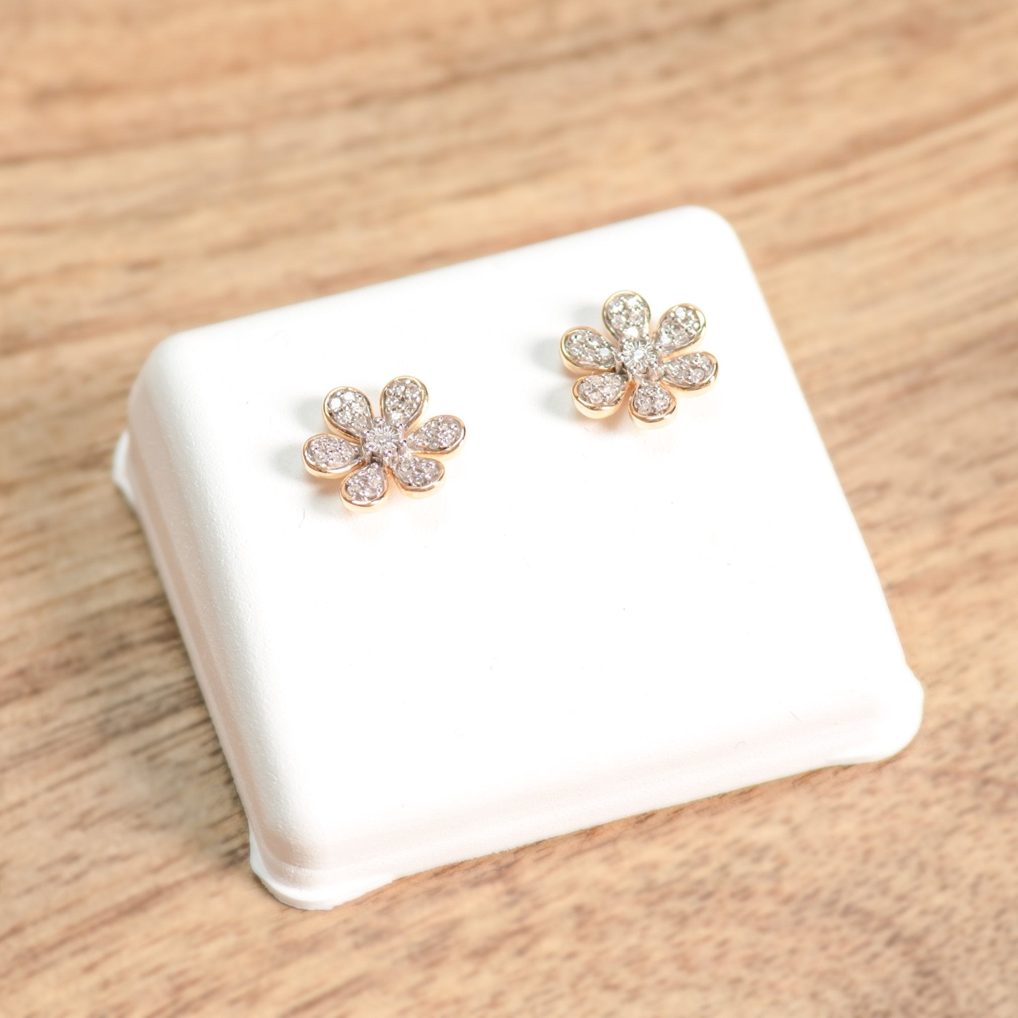 10k Yellow Gold Diamond Flower Earrings - Bezel Set Dainty Floral Studs for Women, Perfect for Weddings, Anniversaries & Everyday Elegance