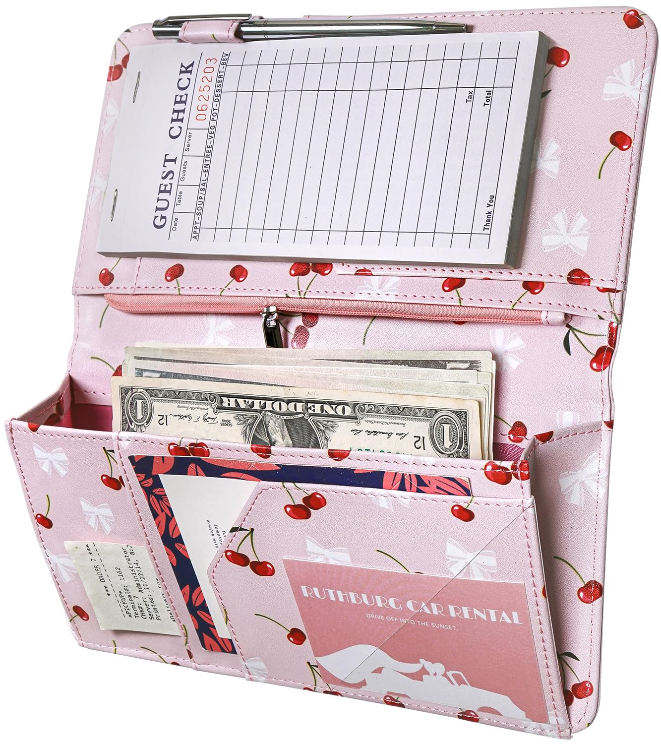 Cute Server Book for Waitress & Waiter - Zippered Leather Waitstaff Organizer with Magnetic Pocket, Cherry Bow Print - Perfect for Restaurants, Bars & Cafes (Pink) | Fits Server Aprons, Holds Orders & Tips Securely
