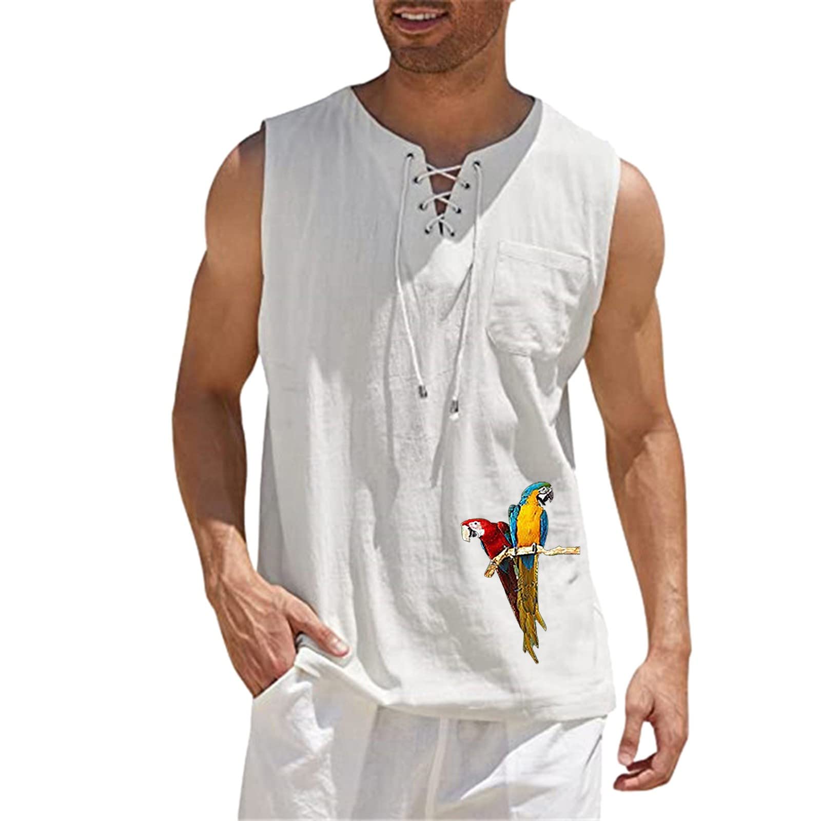 XXBR Men's Cotton Linen Sleeveless Shirt - Summer V Neck Hippie Vest, Drawstring Loose Fit Casual Tank Top for Beach, Music Festivals & Boho Style Outfits