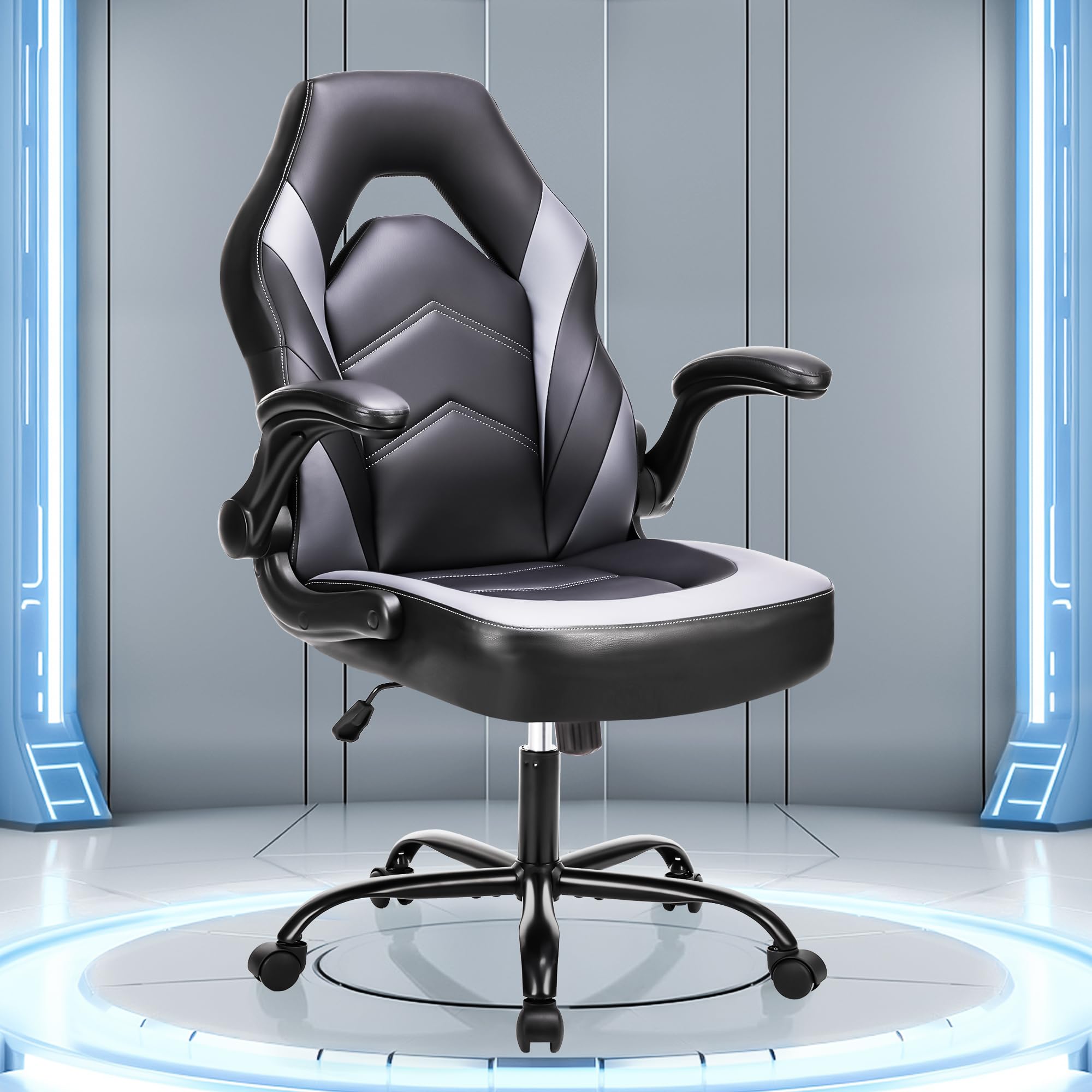 OLIXIS Big and Tall Office Desk Leather Gaming Computer Chair with Adjustable Swivel Task & Flip-Up Arms - Ergonomic Executive Chair for Adults & Teens (Grey) - Perfect for Home Office, Gaming Setup & Workspace