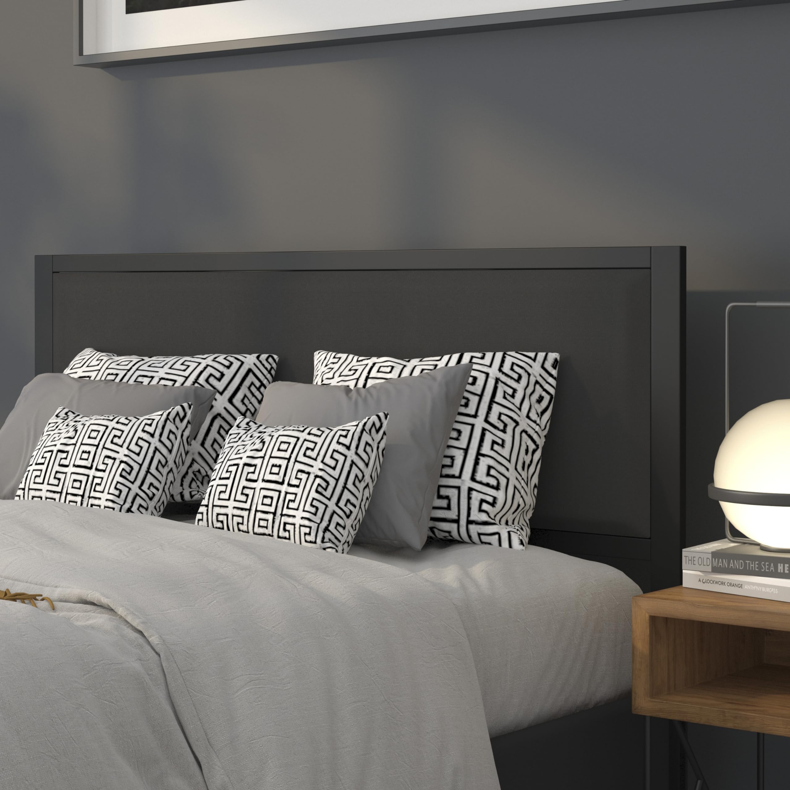EMMA + OLIVER Queen Size Upholstered Fabric Headboard with Metal Frame - Black Bed Headboard for Master Bedroom, Attaches to Standard Bed Frames - Perfect for Modern & Contemporary Bedroom Decor