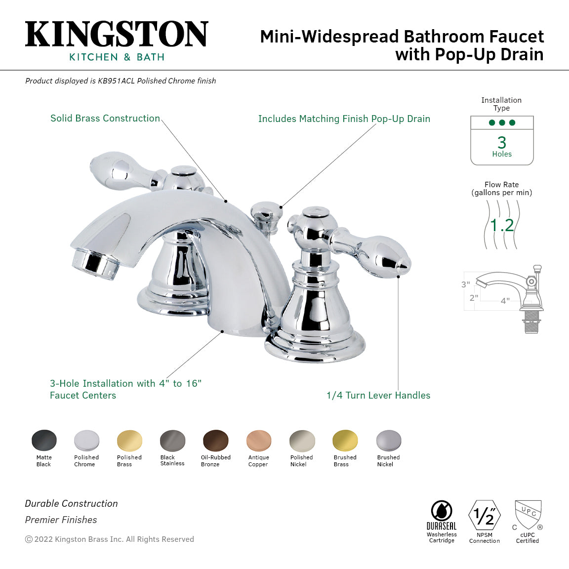 American Classic KB957ACLSB Brushed Brass Two-Handle 3-Hole Deck Mount Mini Widespread Bathroom Faucet with Pop-Up Drain - Perfect for Small Bathrooms & Powder Rooms