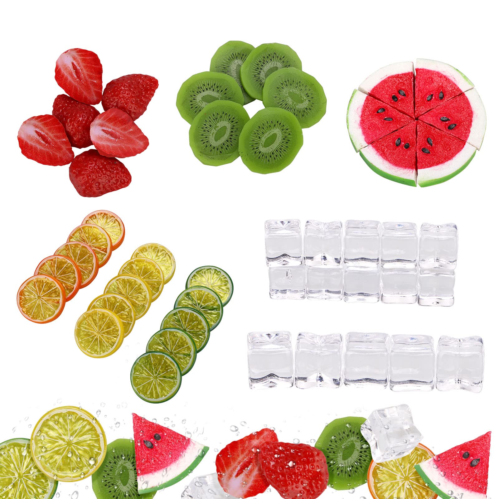 48Pcs Fake Fruit Plastic Fruit Set - Mixed Artificial Fruit Slices (Lemons, Kiwi, Strawberry, Watermelon) & Ice Cubes for Home Decor, Kitchen Display, Party & Wedding Decoration - Realistic Fake Fruit for Table Centerpieces, Dessert Displays & Photography Props