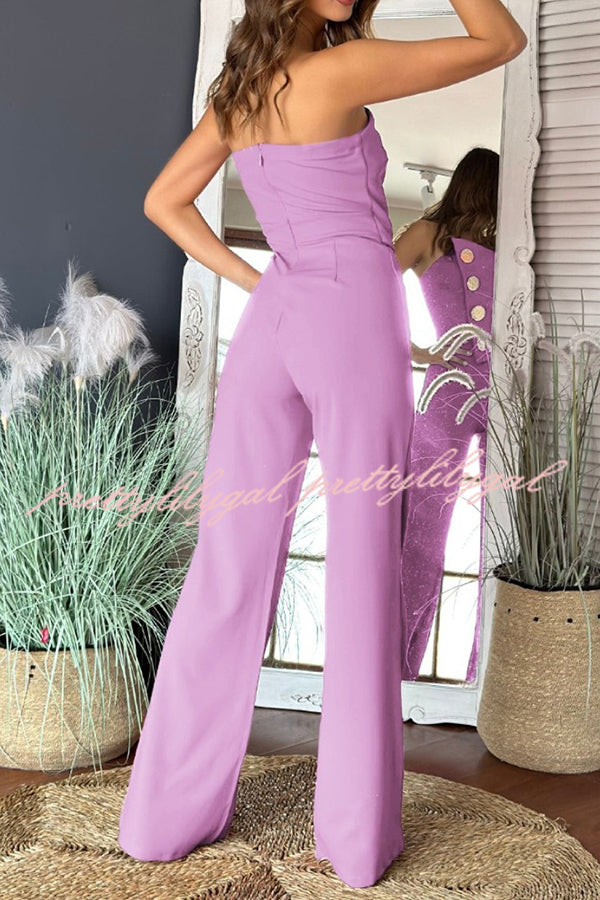 Solid Color Sexy Tube Top Gold Button Embellished Bootcut Jumpsuit for Women | Elegant One-Piece Romper with Metallic Accents | Perfect for Night Out, Party & Special Occasions