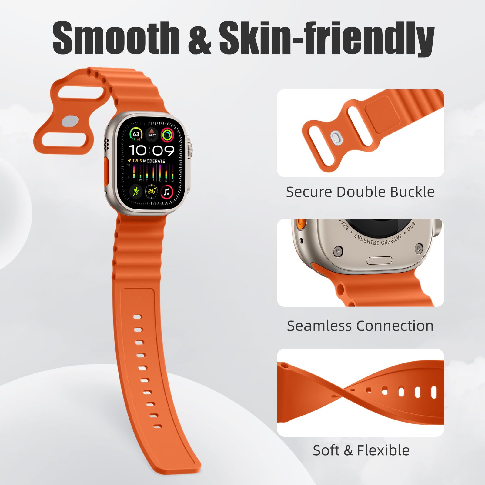 Getino Ocean Sport Band - Soft Breathable Waterproof Silicone Strap for Apple Watch Ultra 2/Ultra/Series 9/8/7/6/5/4/SE - Compatible with 44mm 45mm 42mm 49mm - Perfect for Swimming, Running & Outdoor Activities (Orange)