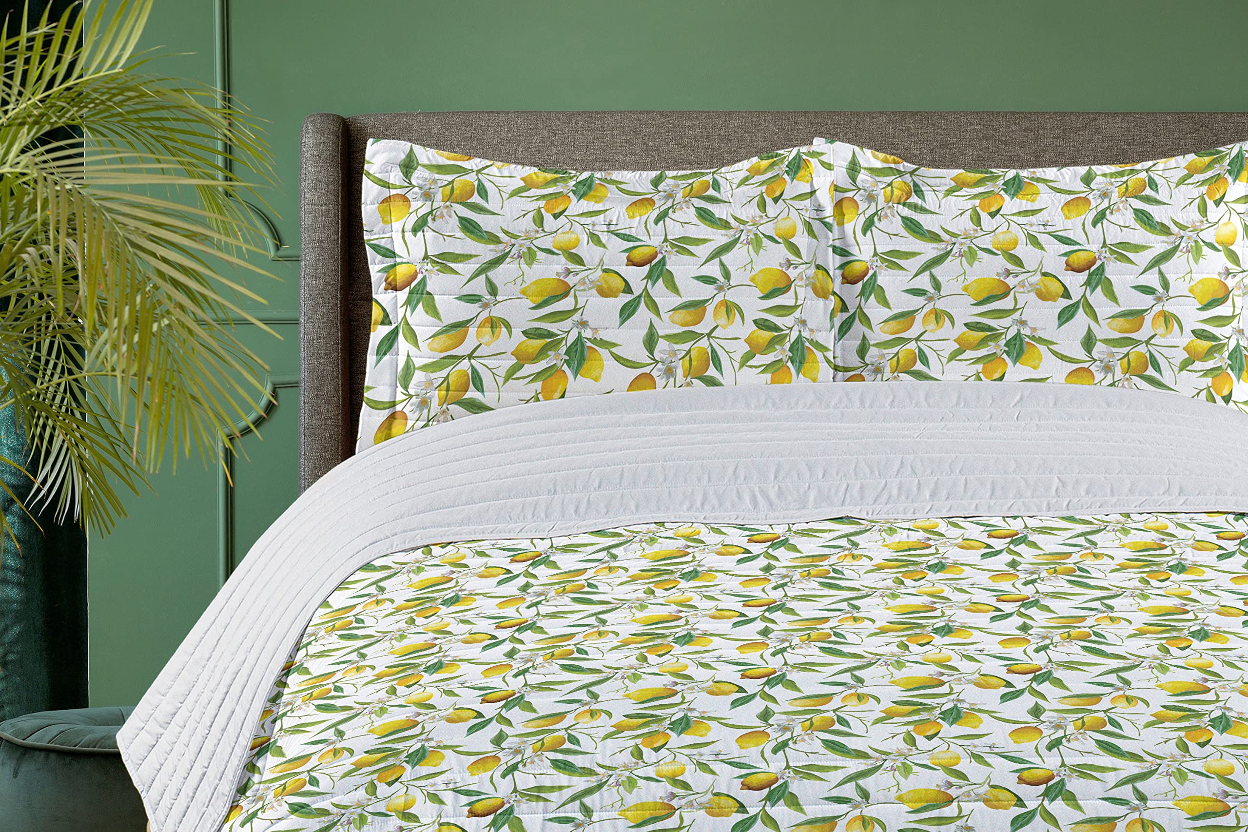 Ambesonne Queen Size Microfiber Bedspread Set - Flowering Lemon & Citrus Print, Soft Bedding with Pillow Shams & Comforter in Fern Green, Yellow & White | Nature-Inspired Bedroom Decor for Spring & Summer Refresh