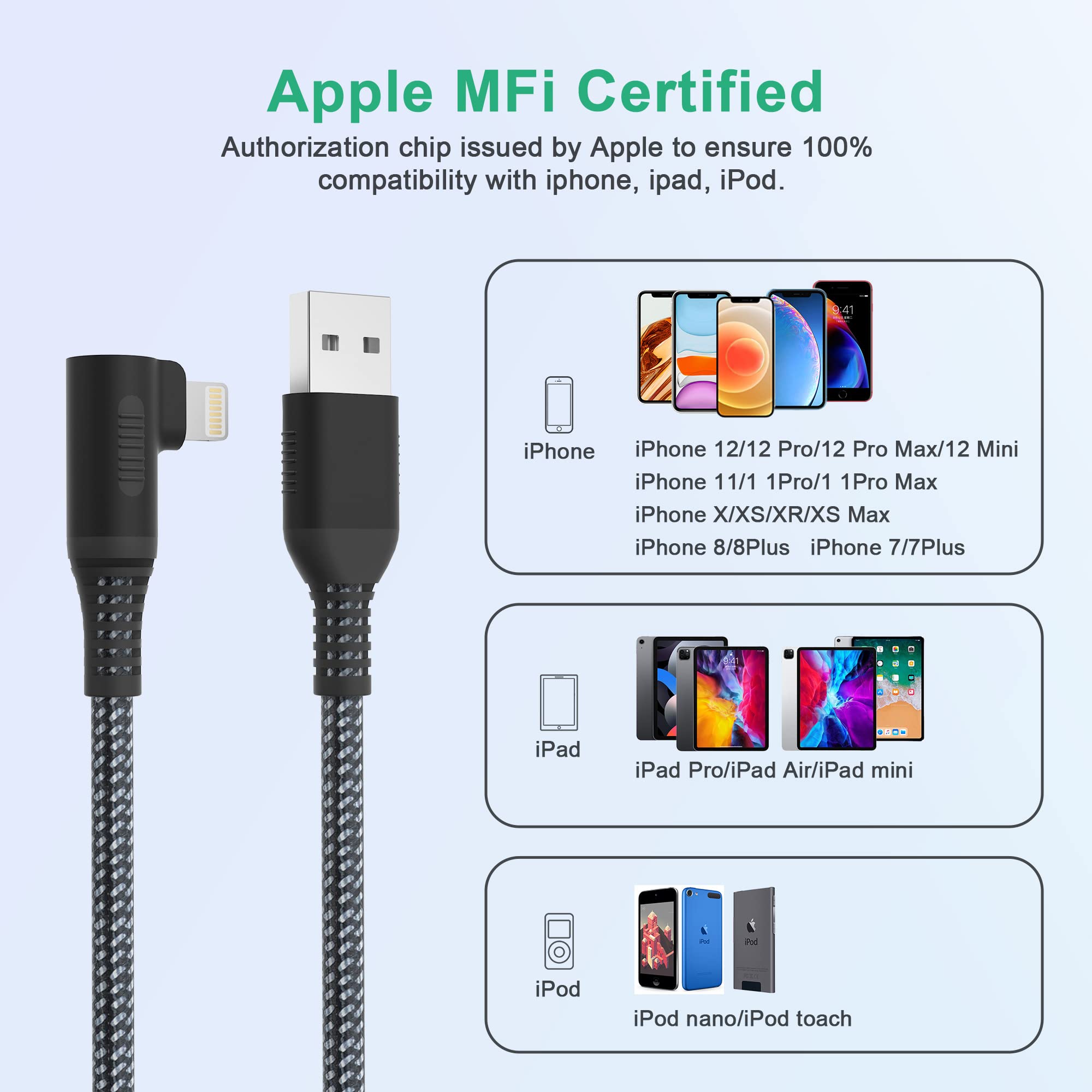 20ft Extra Long Lightning Cable - Apple MFi Certified Right Angle iPhone Charger (90 Degree) - Durable Nylon Braided Fast Charging Cord for iPhone 13/12/11/X - Perfect for Bedside, Car & Office Charging