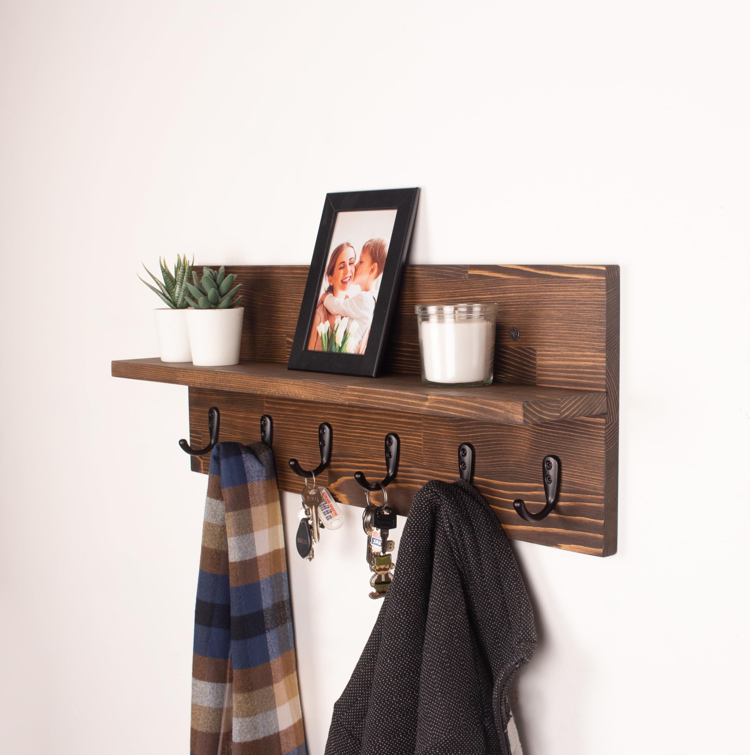 Rustic Wooden Coat Rack with Floating Shelf - 16
