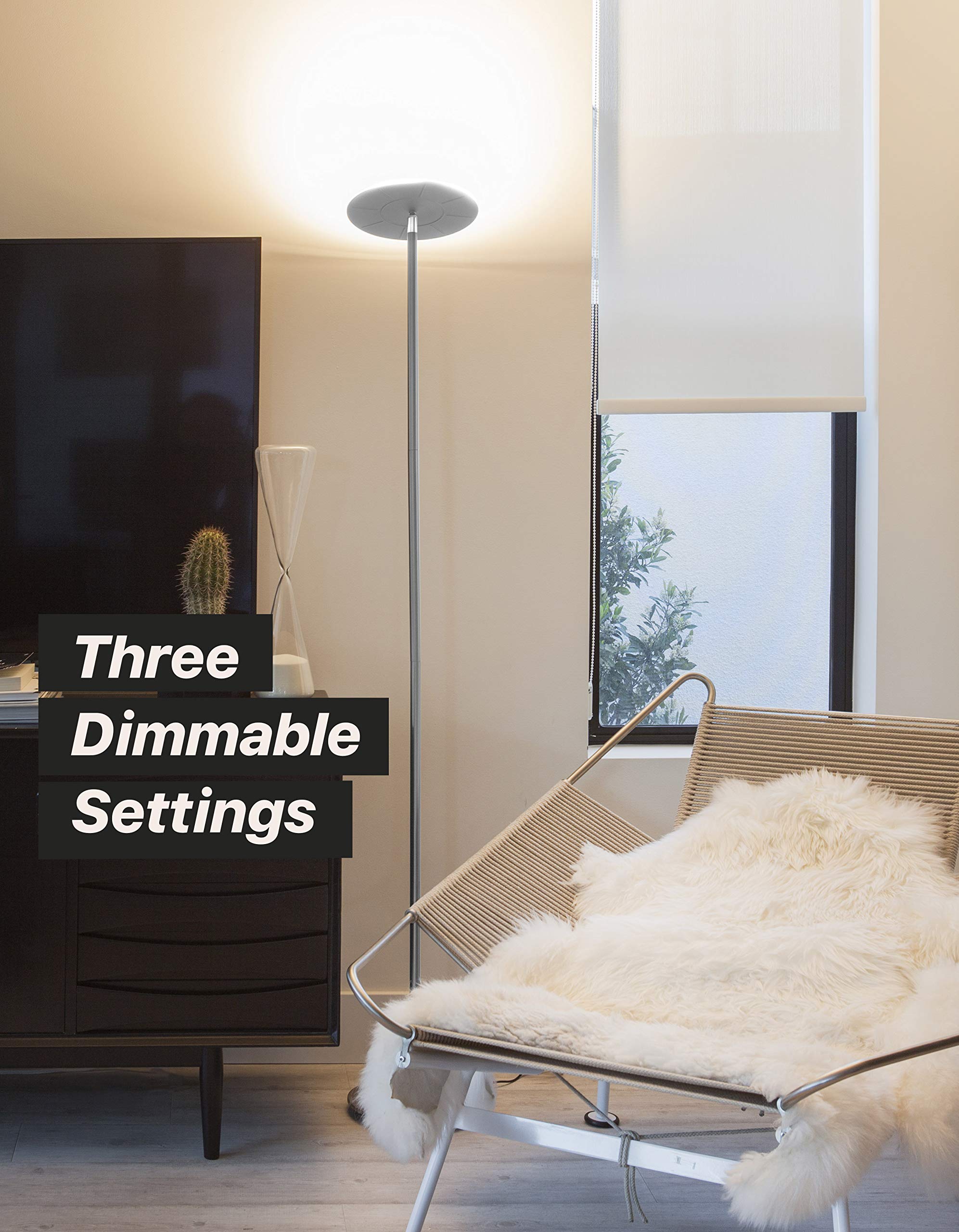 Brightech Sky LED Floor Lamp - Super Bright Dimmable Torchiere Standing Lamp for Living Room, Bedroom & Office - Tall Reading Light in Platinum Silver - Perfect for Cozy Nights & Workspaces