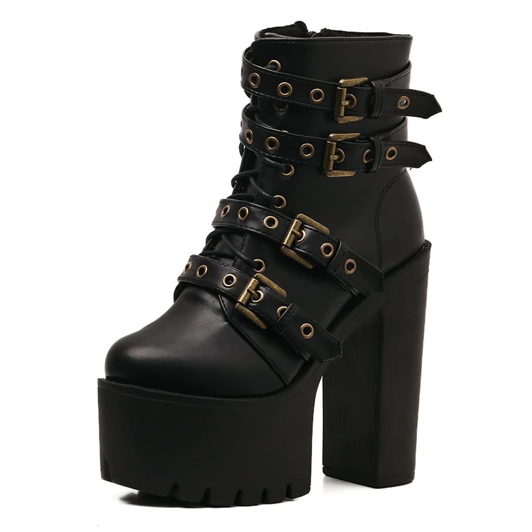 Women's Gothic Style Platform Combat Boots with Ankle Strap - Chunky High Heel Shoes for Plus Size | Perfect for Punk Fashion, Night Out & Cosplay