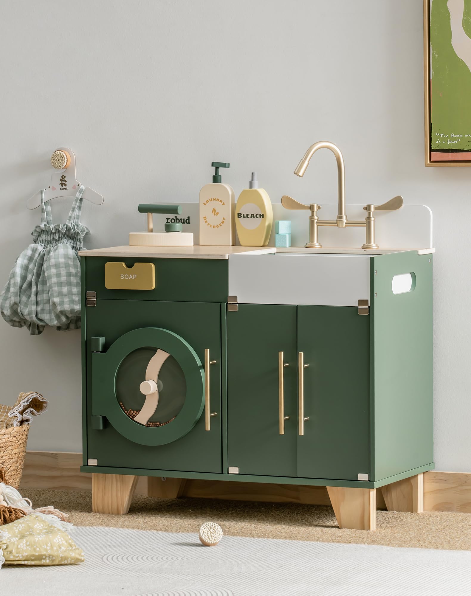 Wooden Kids Kitchen Playset with Washing Machine & Accessories - Pretend Play Toy for Toddlers & Children - Role Play Cooking & Cleaning Fun - Perfect Gift for Boys & Girls - Ideal for Home, Preschool & Daycare Playrooms