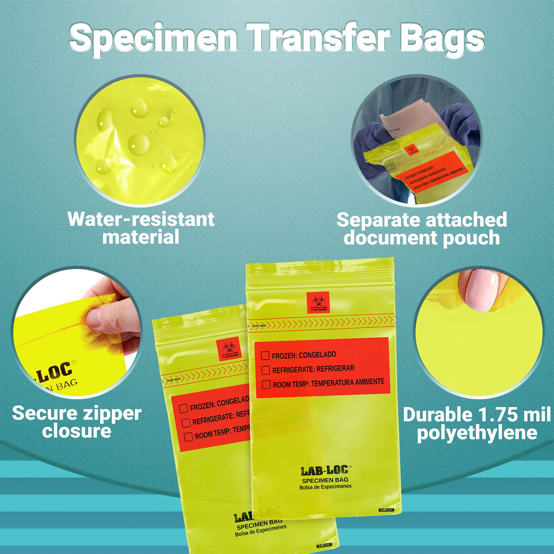 APQ 1000 Pack 6x9 Inch Yellow Specimen Transfer Bags with Zipper - 1.75 Mil Thick Polyethylene Seal Top Plastic Bags for Medical Use, Laboratory, Hospital & Infirmary - Removable Biohazard Symbol - Ideal for Specimen Collection, Storage & Transportation