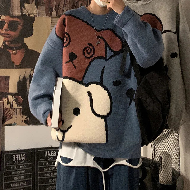 Men's Cartoon Bear Knit Sweater - Winter Warm Long Sleeve Pullover for Casual Wear | Cozy Loose Fit Fashion Top for Autumn & Winter Outfits