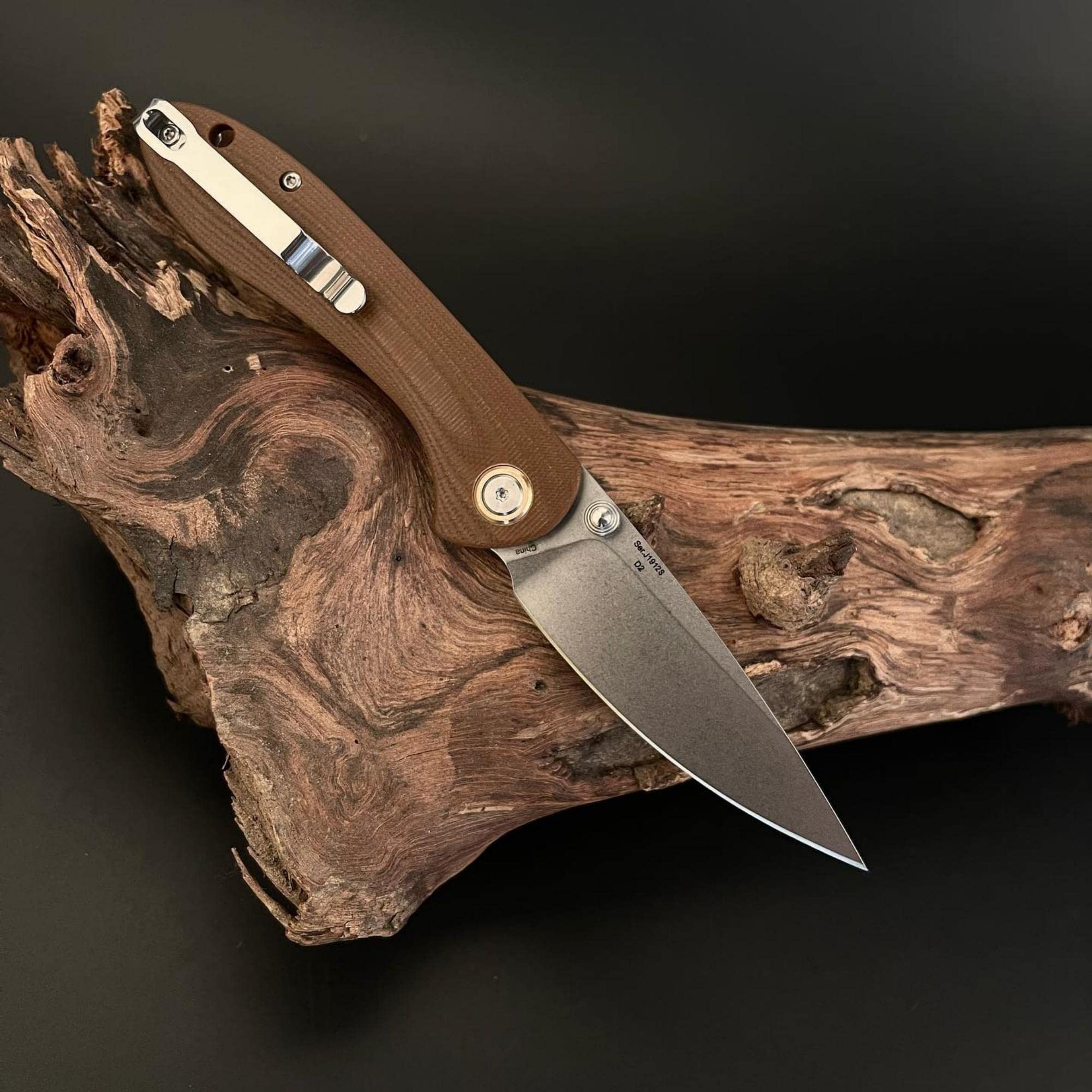 CJRB Feldspar J1912-BNC Large Folding Knife - D2 Steel Blade, G10 Handle - Tactical, Outdoor, EDC, Survival, Camping, Hunting - Perfect for Everyday Carry, Bushcraft & Self-Defense (Brown)