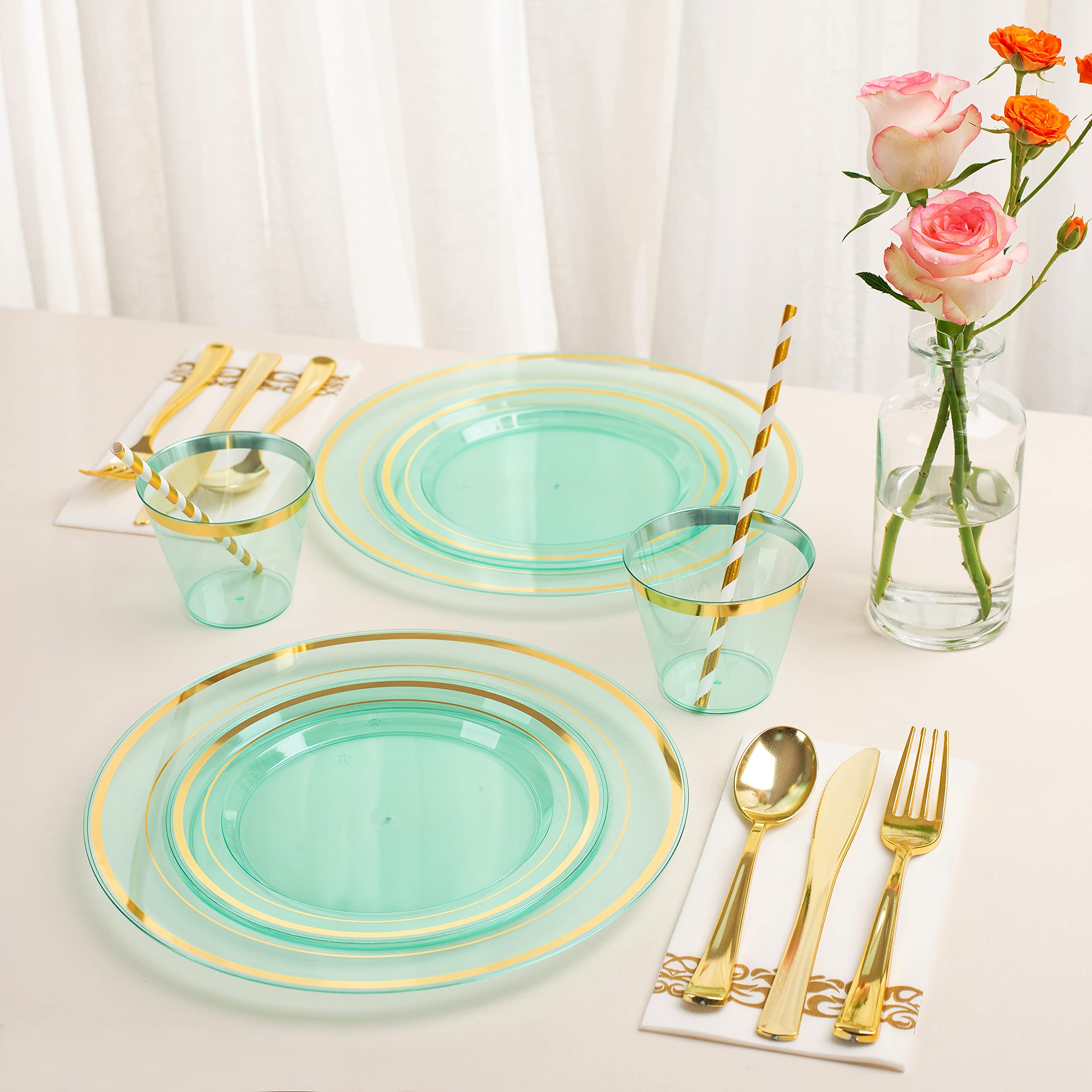 400-Piece Mint Green Disposable Plastic Plates Set for 50 Guests - Heavy Duty Dinner Plates, Fancy Dessert Plates, Gold/Silver Cutlery, Cups, Napkins & Straws - Perfect for Weddings, St. Patrick's Day, Easter & Party Events