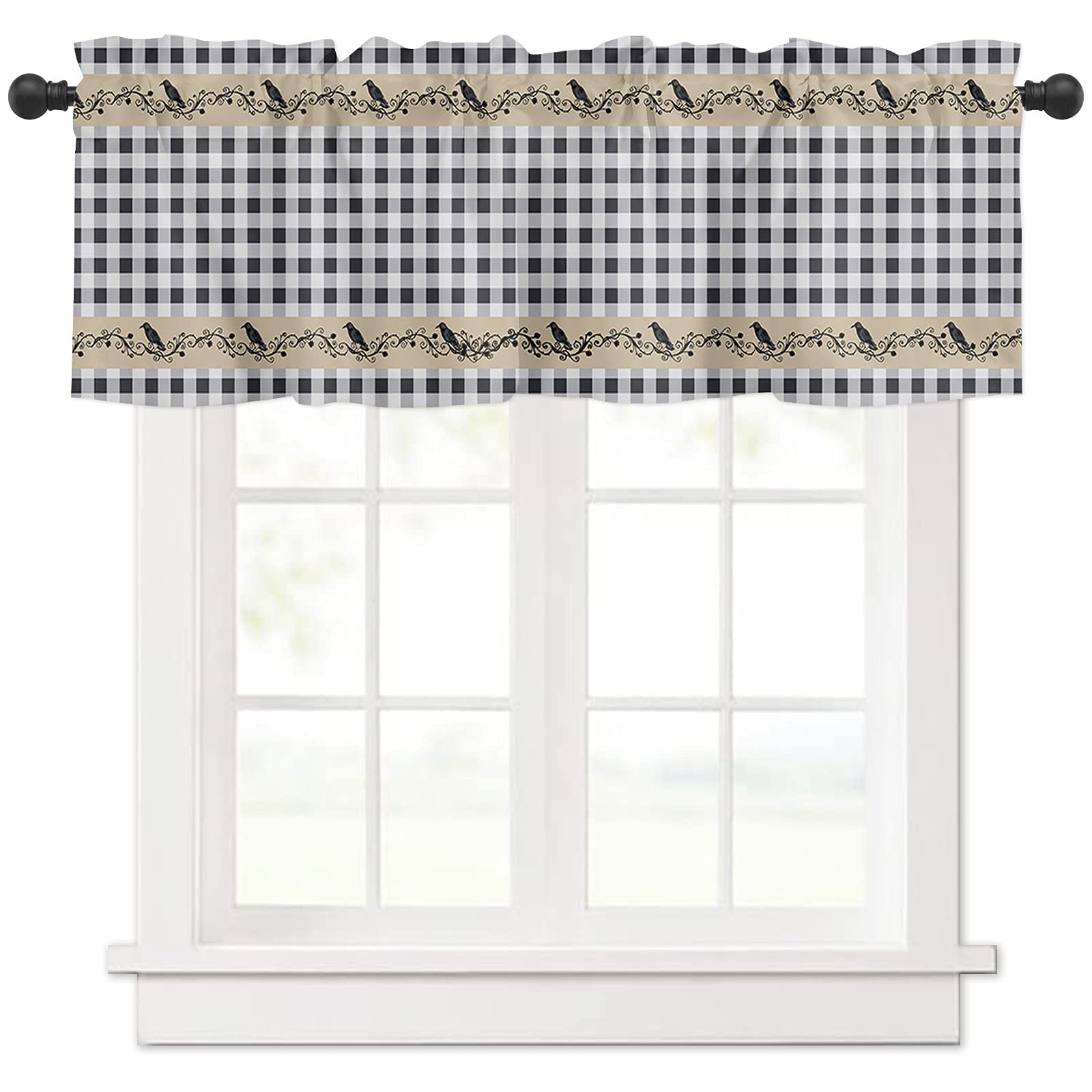 Halloween-Themed Black and White Plaid Raven Deadwood Valance Curtains - 54