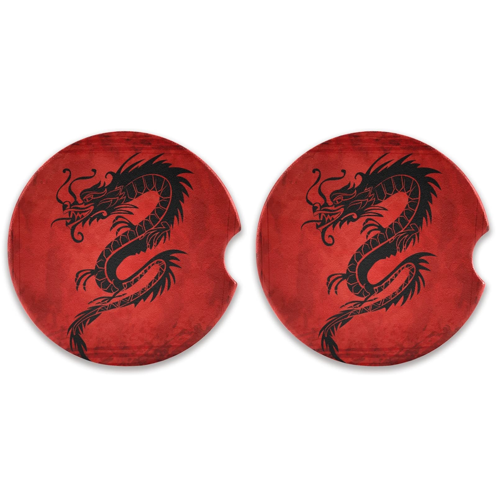 2 Pack Absorbent Ceramic Car Coasters with Fingertip Grip, 2.5 Inch China Dragon Design Cup Holders for Drinks, Perfect for Car, Office, and Home Use