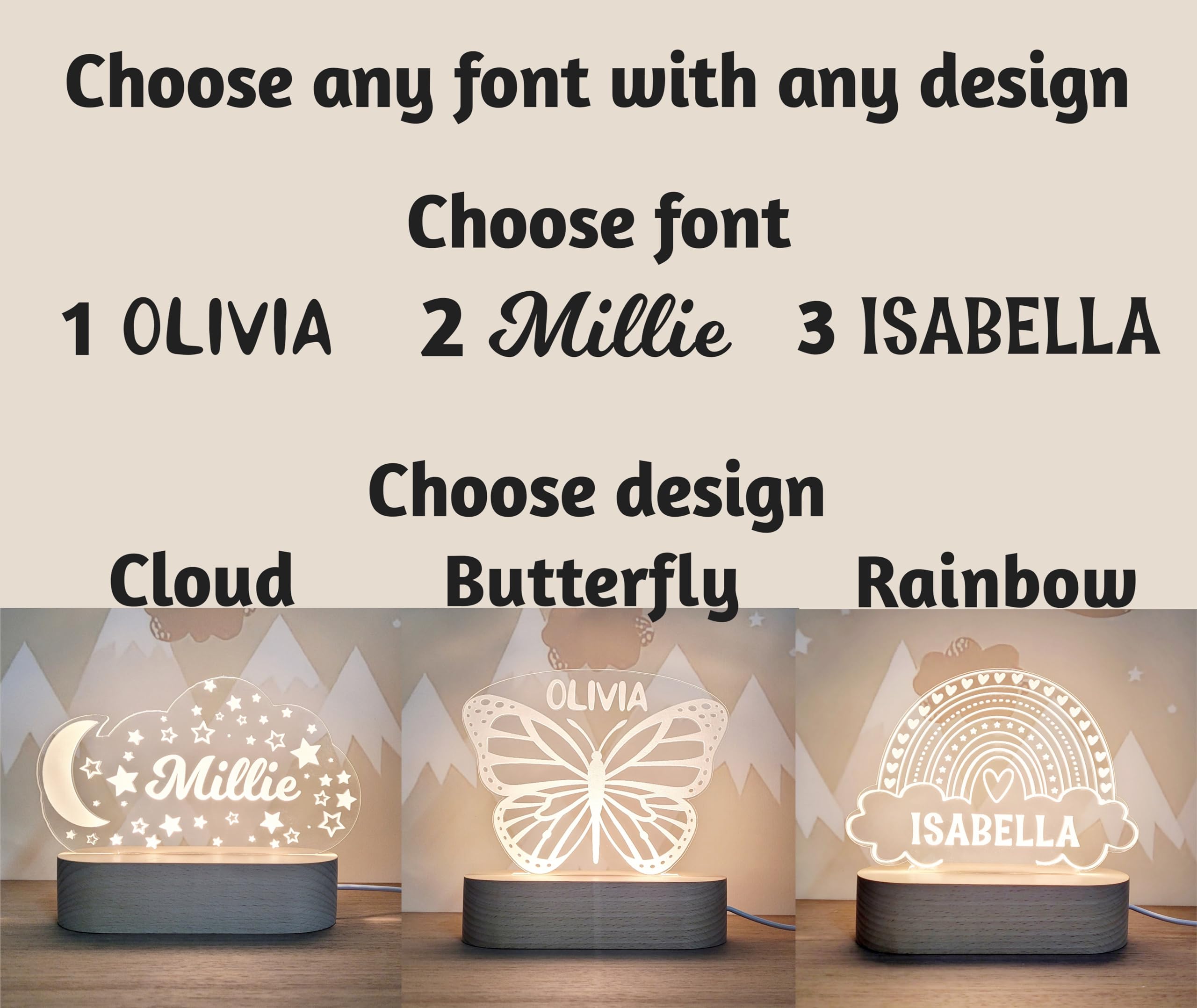 Personalized Night Light for Kids - Custom Name Baby Gift with Cloud, Butterfly, Rainbow, Moon & Stars Design - Perfect Nursery Decor & Unique Birthday Present for Baby Girls & Boys