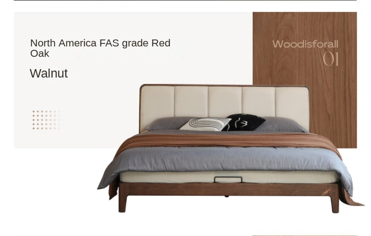 Solid Oak Wood Modern Platform Bed with Upholstered Headboard - Stylish and Durable Bedroom Furniture for Contemporary Homes