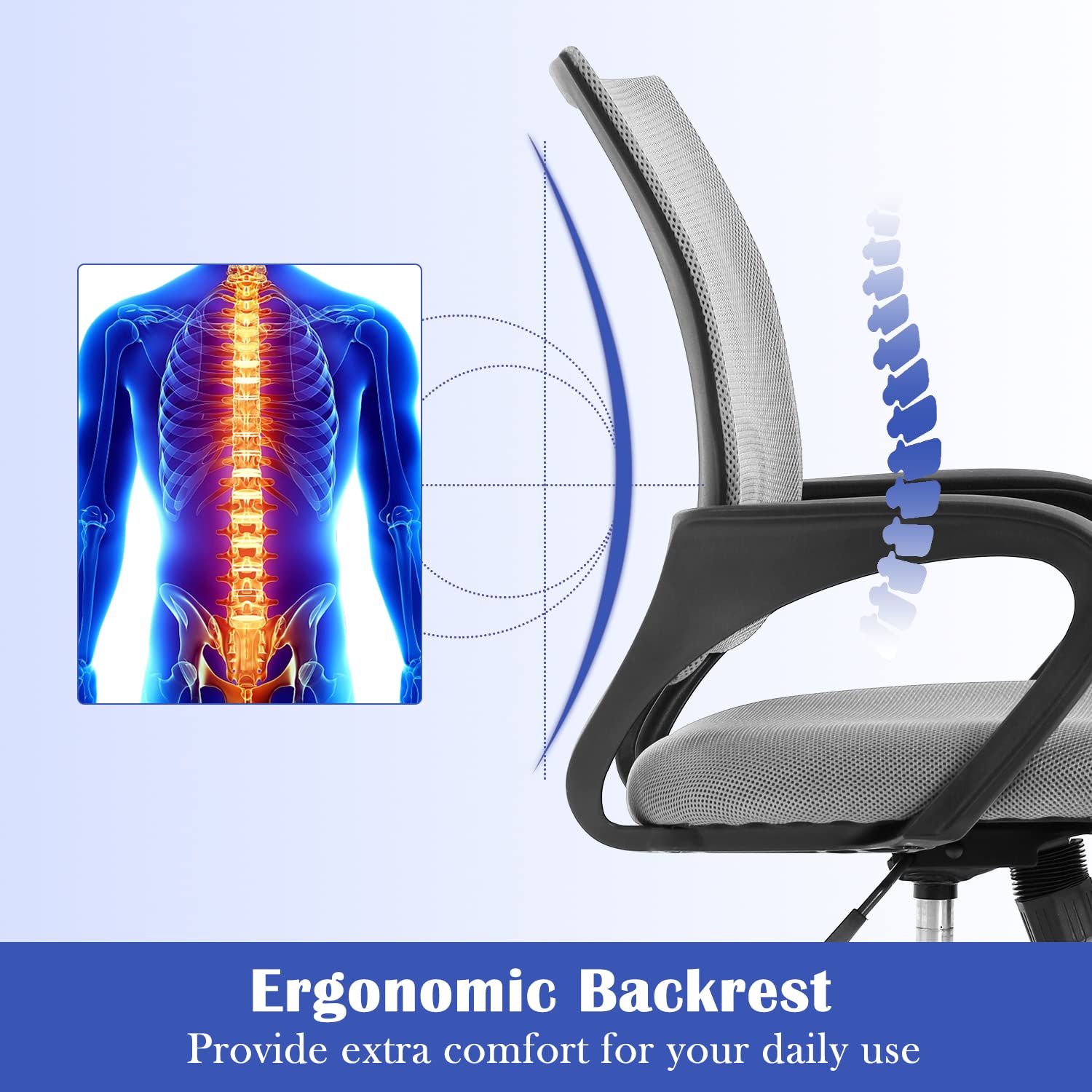 Ergonomic Office Chair with Mesh Back & Wheels - Adjustable Mid Back Computer Chair for Heavy People, Executive Swivel Desk Chair for Kids & Adults - Grey - Perfect for Home Office, Gaming & Study