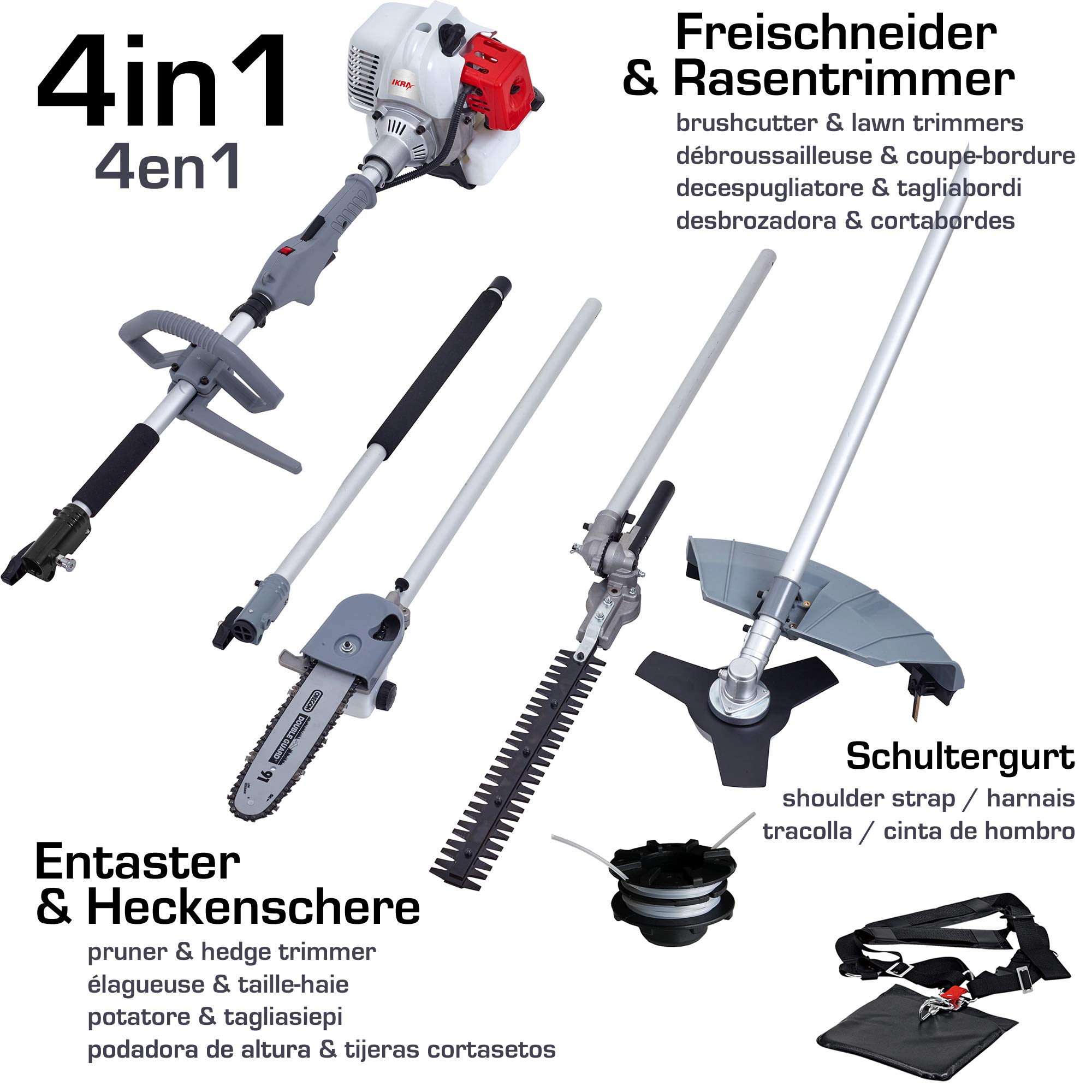 IKRA IBKH 33 Gas-Powered 4-in-1 Garden Tool Set - String Trimmer, Hedge Trimmer, Brush Cutter & Pole Saw with Extension - Perfect for Lawn Care, Yard Maintenance & Landscaping