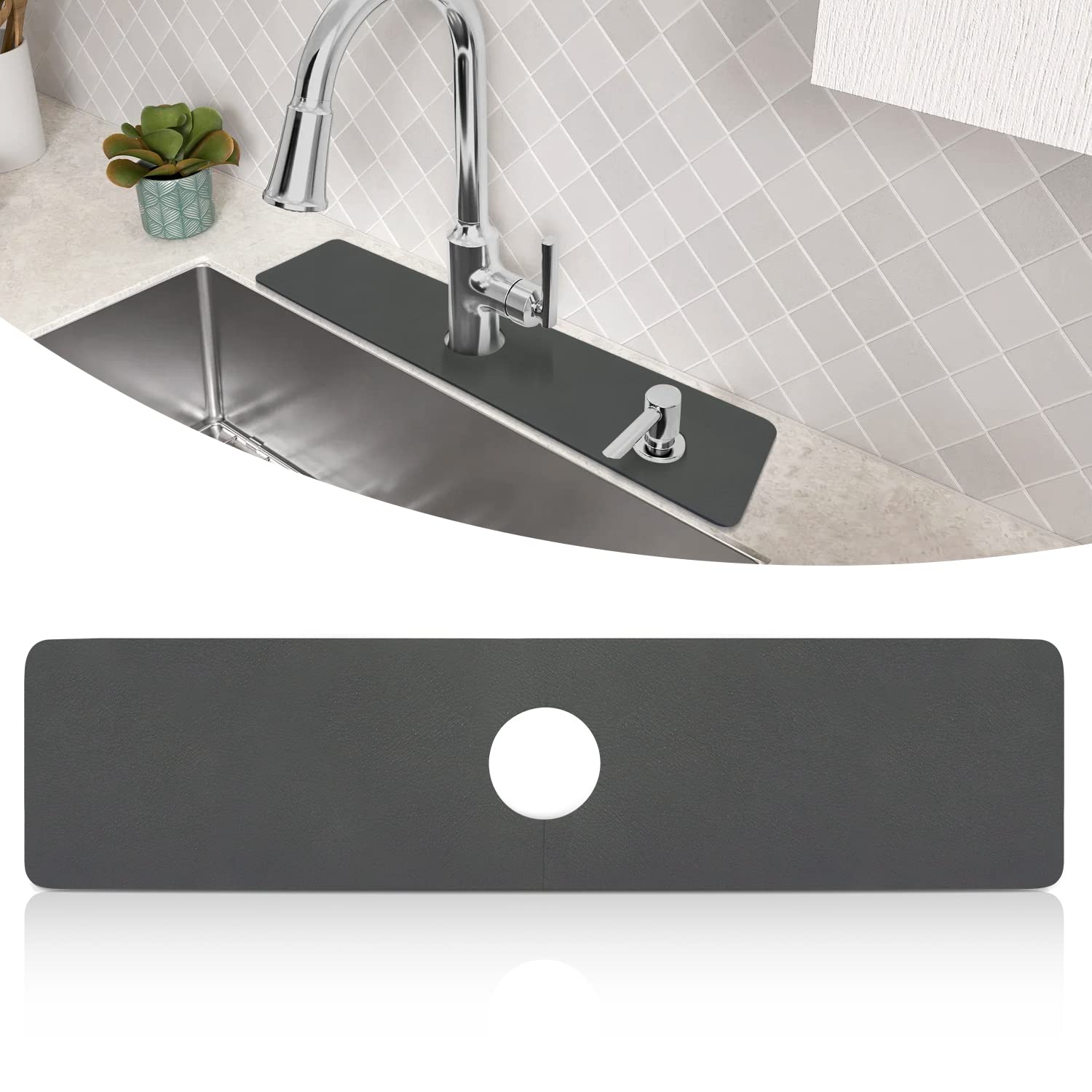 LOPNUR 24 Inch Kitchen Sink Faucet Mat - Super Absorbent Diatomite Splash Guard for Sink Protector, Cuttable Bathroom Water Barrier, Fast Drying & Non-Slip (Grey) - Perfect for Kitchen & Bathroom Sink Areas to Prevent Water Splashes & Stains