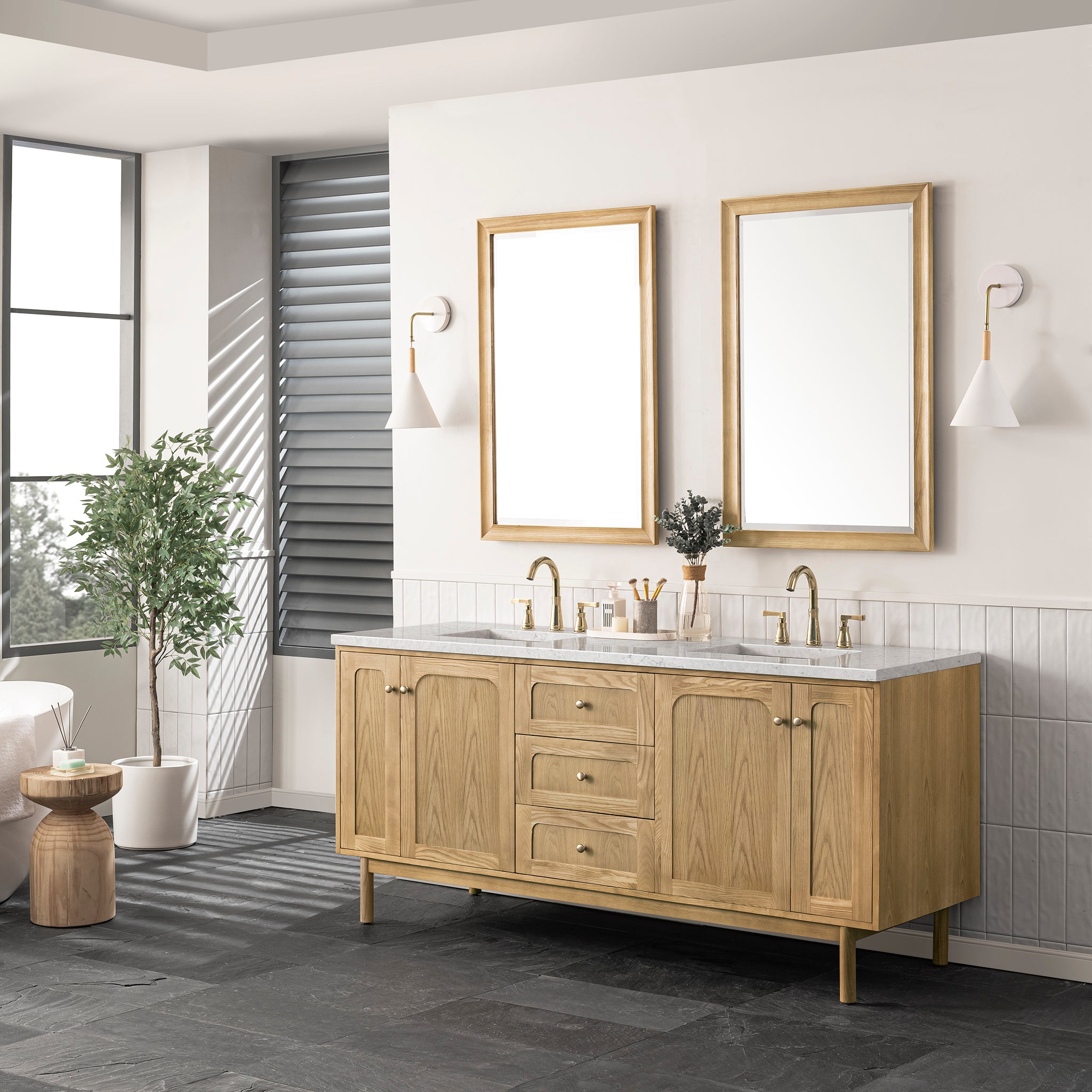 Laurent 72 Inch Double Vanity with 3CM Eternal Jasmine Pearl Top - Light Natural Oak Bathroom Vanity for Modern & Luxury Home Decor | Perfect for Master Bathroom, Guest Bath, and Powder Room