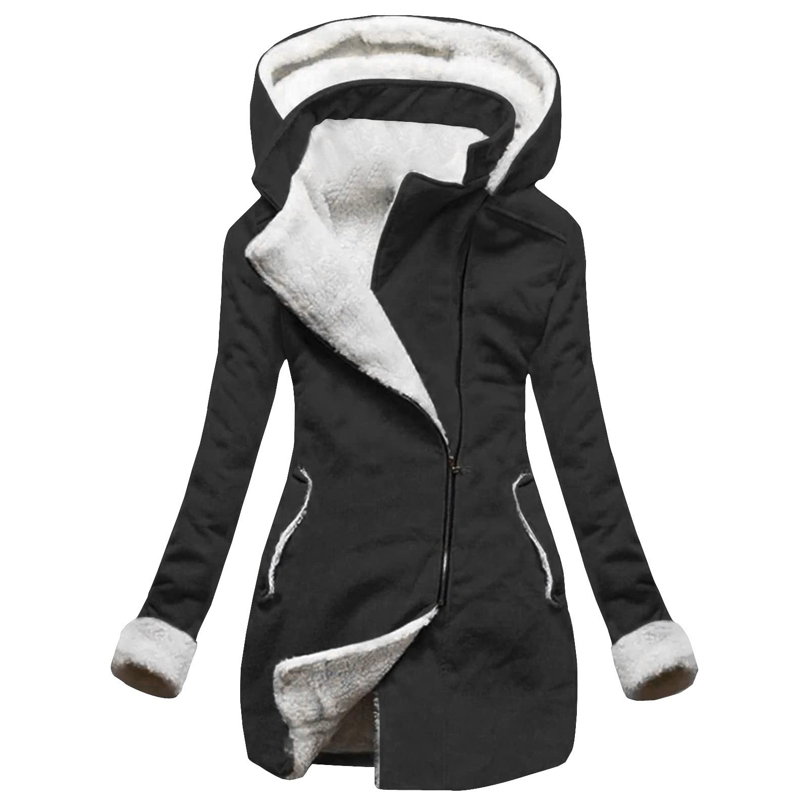 Women's Winter Fleece Hooded Jacket with Zipper Pockets - Warm Plush Long Sleeve Sweatshirt for Casual Wear & Outdoor Activities | Perfect for Running, Hiking and Cold Weather Fashion