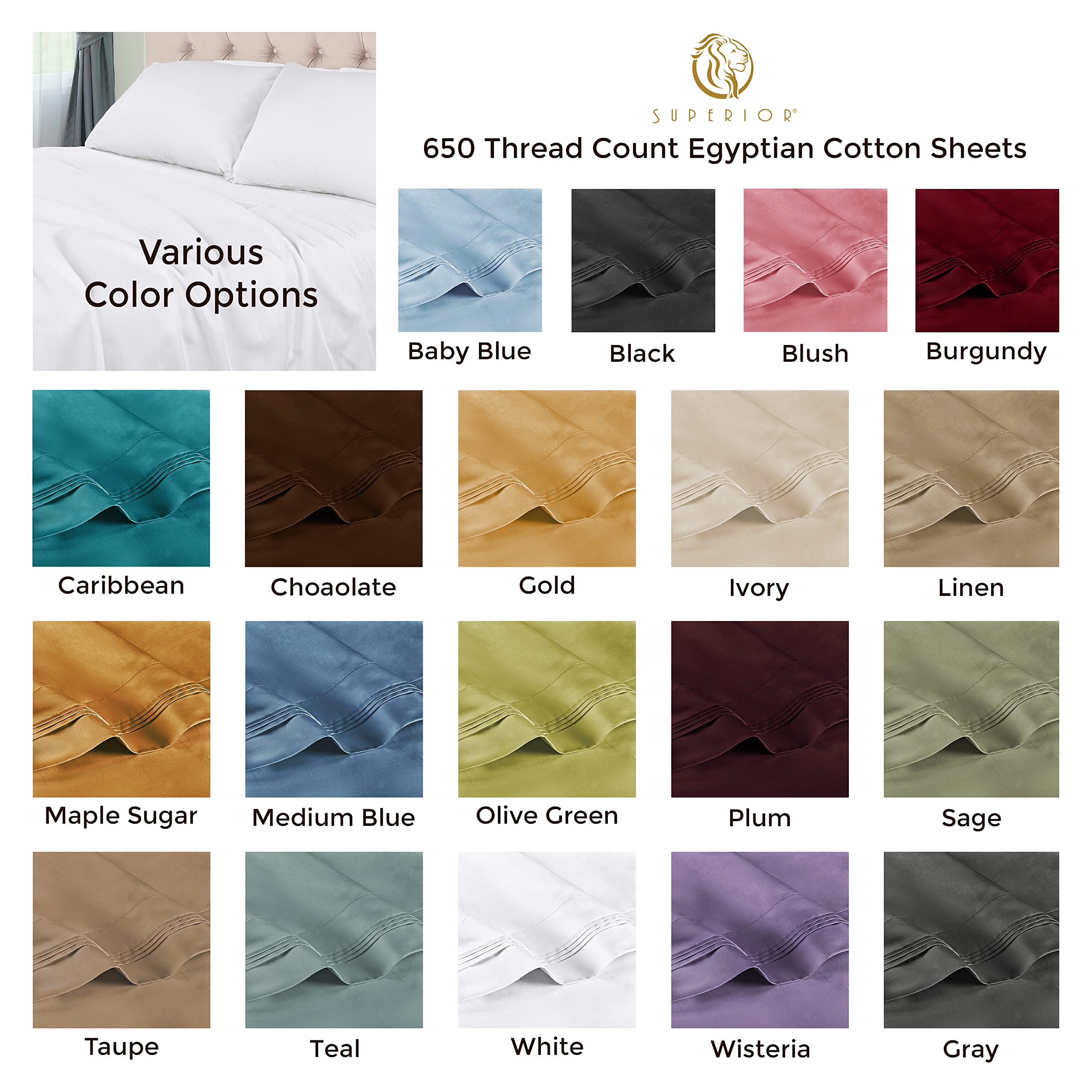 Luxury BLUENILEMILLS 650 Thread Count Egyptian Long Staple Cotton Bedding Set - Ultra Soft Sateen Weave, Includes 1 Deep Pocket Fitted Sheet, 2 Pillowcases & 1 Flat Sheet for Queen Size Bed - Perfect for Master Bedroom, Guest Room & Hotel Luxury Experience