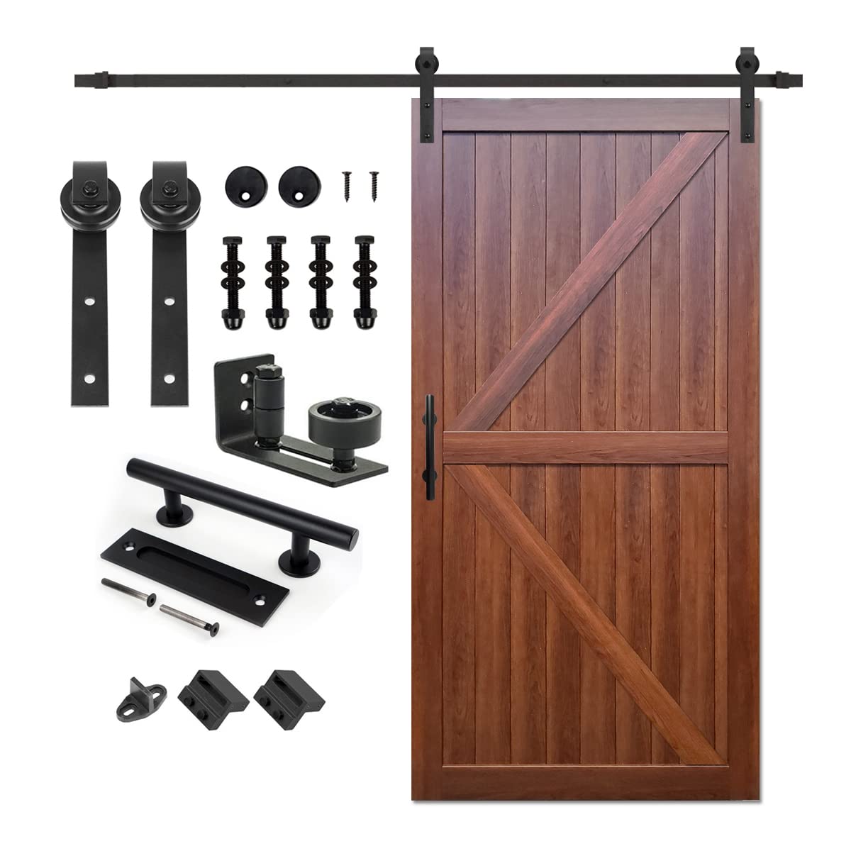42 in. x 84 in. British Brace PVC Barn Door with 8FT Track - Brown Wood Texture Sliding Door Hardware Kit | Modern Farmhouse Style | Easy DIY Installation | Perfect for Bedrooms, Closets & Room Dividers