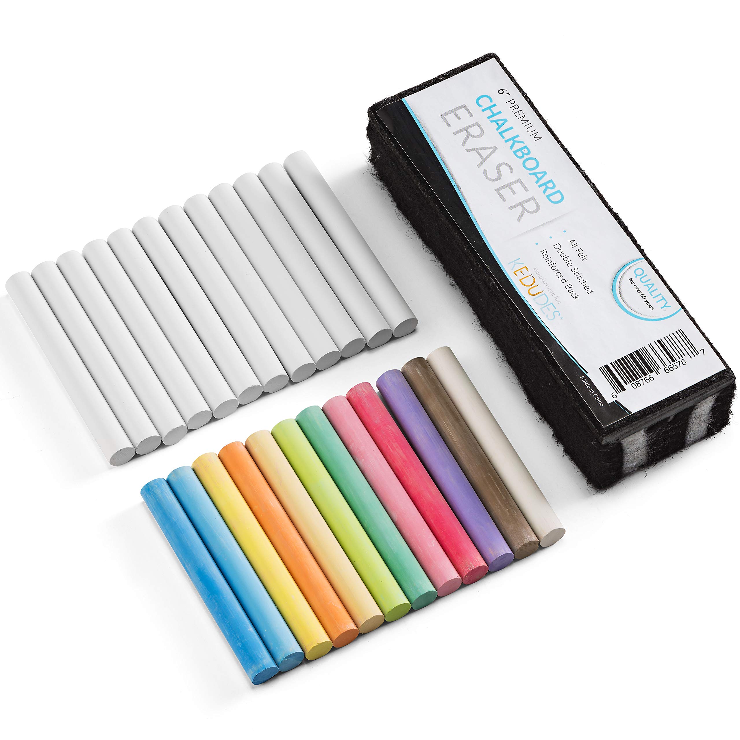 Dustless Chalk Set with Eraser - 25 Pcs (12 Colored & 12 White Chalk) for Smooth Writing on Blackboards - Includes 1 Felt Chalkboard Eraser - Perfect for Classrooms, Home Schooling & Art Projects