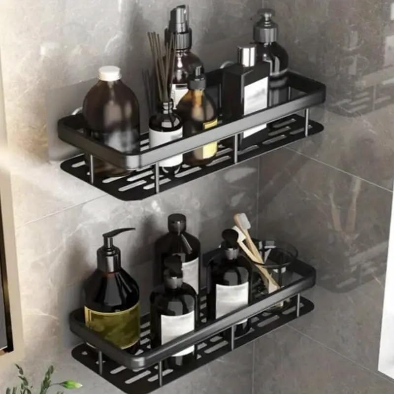 SPITEN White Plastic Rectangular Wall Shelves - 2 Pack Self-Adhesive Bathroom Storage Rack, Strong Shower Shelf for Organizing Toiletries, Cosmetics & Essentials - Perfect for Small Spaces, Apartments & Dorm Rooms
