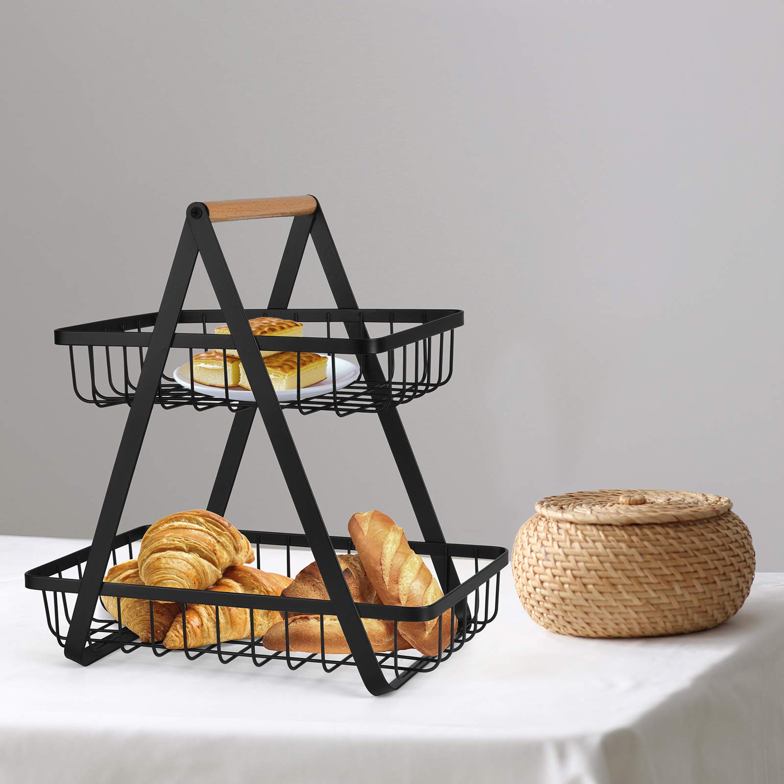 2-Tier Countertop Fruit Basket - Kitchen Storage Organizer for Fruits, Vegetables, Bread - Space Saving Black Wire Basket for Counter, Pantry & Dining Table Display