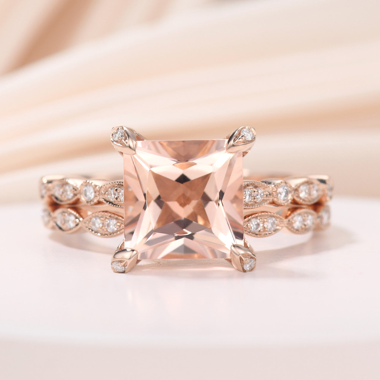14K Rose Gold Princess Cut Morganite Hidden Diamond Halo Wedding Ring Set - Elegant Bridal Jewelry for Engagement, Proposal & Anniversary Gifts