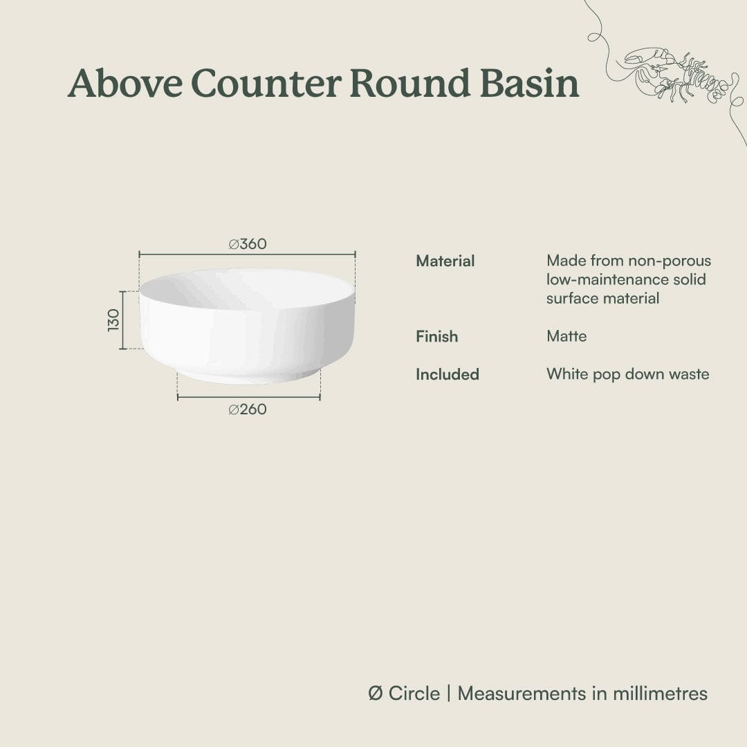 Above Counter Round Basin Matte White - Modern Bathroom Sink for Vanity & Powder Room | Durable Ceramic Vessel Sink for Home & Commercial Use