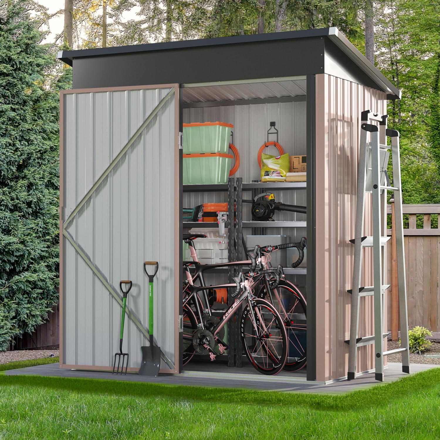 Aoxun 5x2.7 FT Outdoor Metal Storage Shed - Heavy Duty Waterproof Galvanized Steel Garden Shed with Sloping Roof & Lockable Door - Perfect for Storing Lawn Mowers, Gardening Tools, Patio Furniture & Backyard Equipment (Brown)