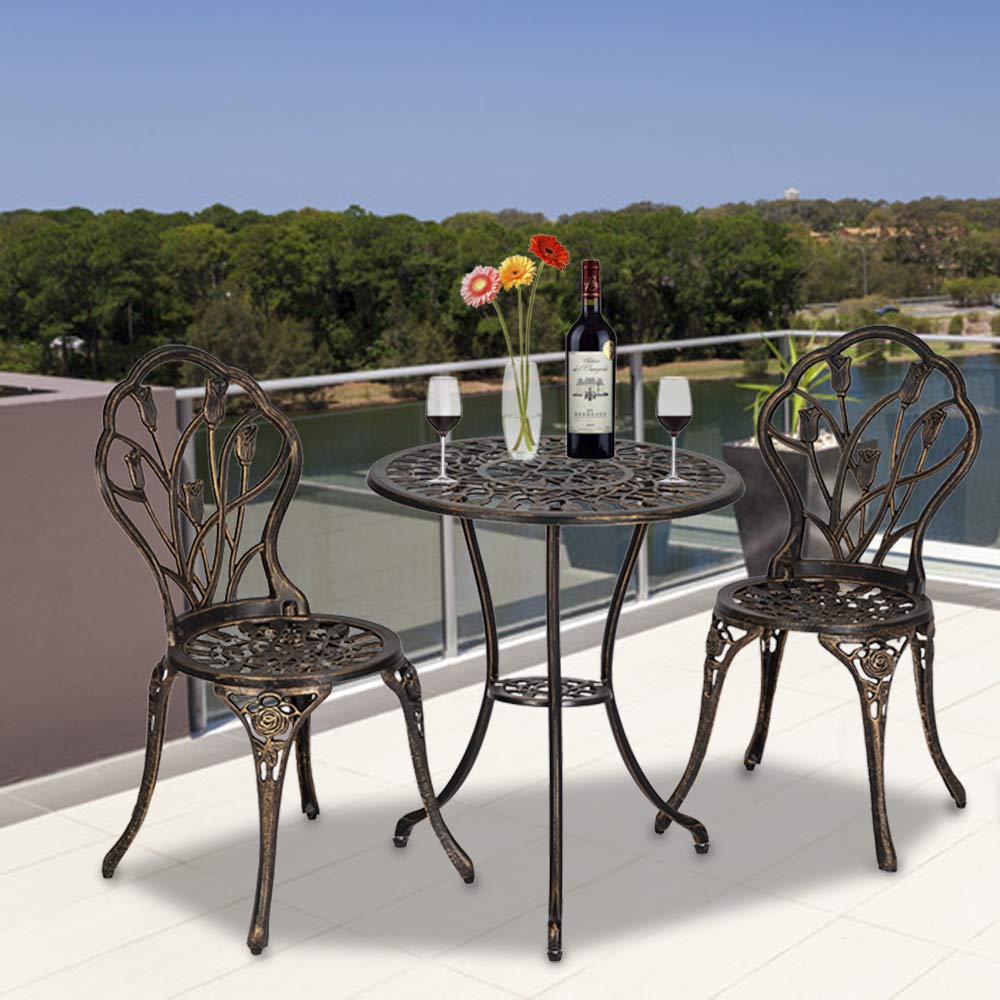 Amebee 3-Piece White Cast Aluminum Bistro Set - Rose Patio Chair & Table for Poolside, Backyard, Porch - Outdoor Reclining Furniture for Relaxing in Garden, Balcony or Terrace