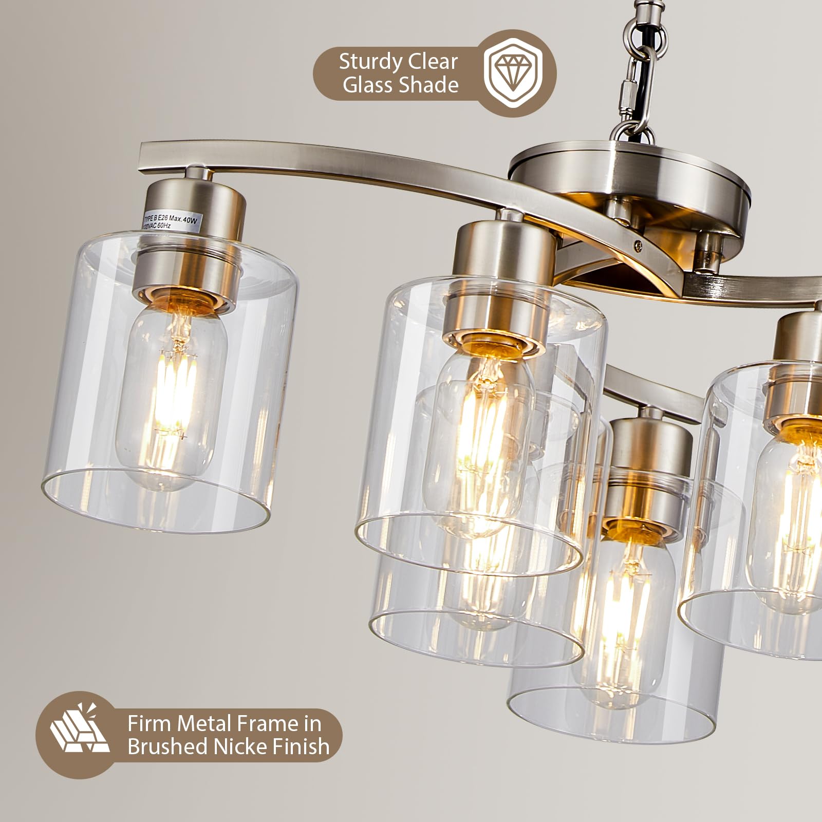 Modern Farmhouse 6-Light Brushed Nickel Chandelier with Clear Glass Shade - Elegant Dining Room Hanging Light, Perfect for Bedroom, Living Room, Kitchen, Hallway & Foyer | Rustic Ceiling Lighting Fixture for Home Decor