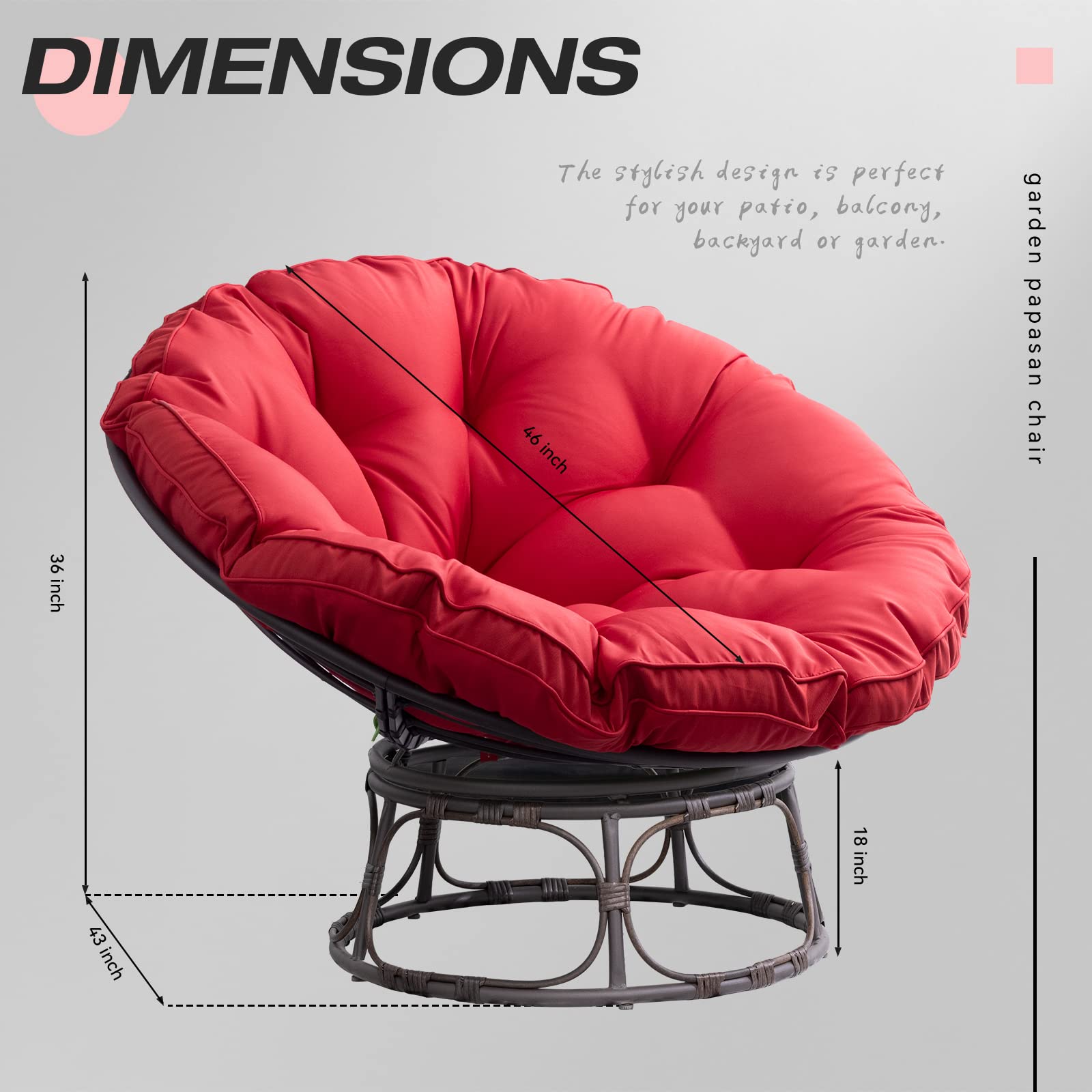 Joyside 46'' Wicker Papasan Chair with Cushion & Frame - Large Round Saucer Lounge Chair for Living Room, Bedroom, or Outdoor Relaxation - Perfect Circle Chair for Reading, Napping, and Lounging in Red