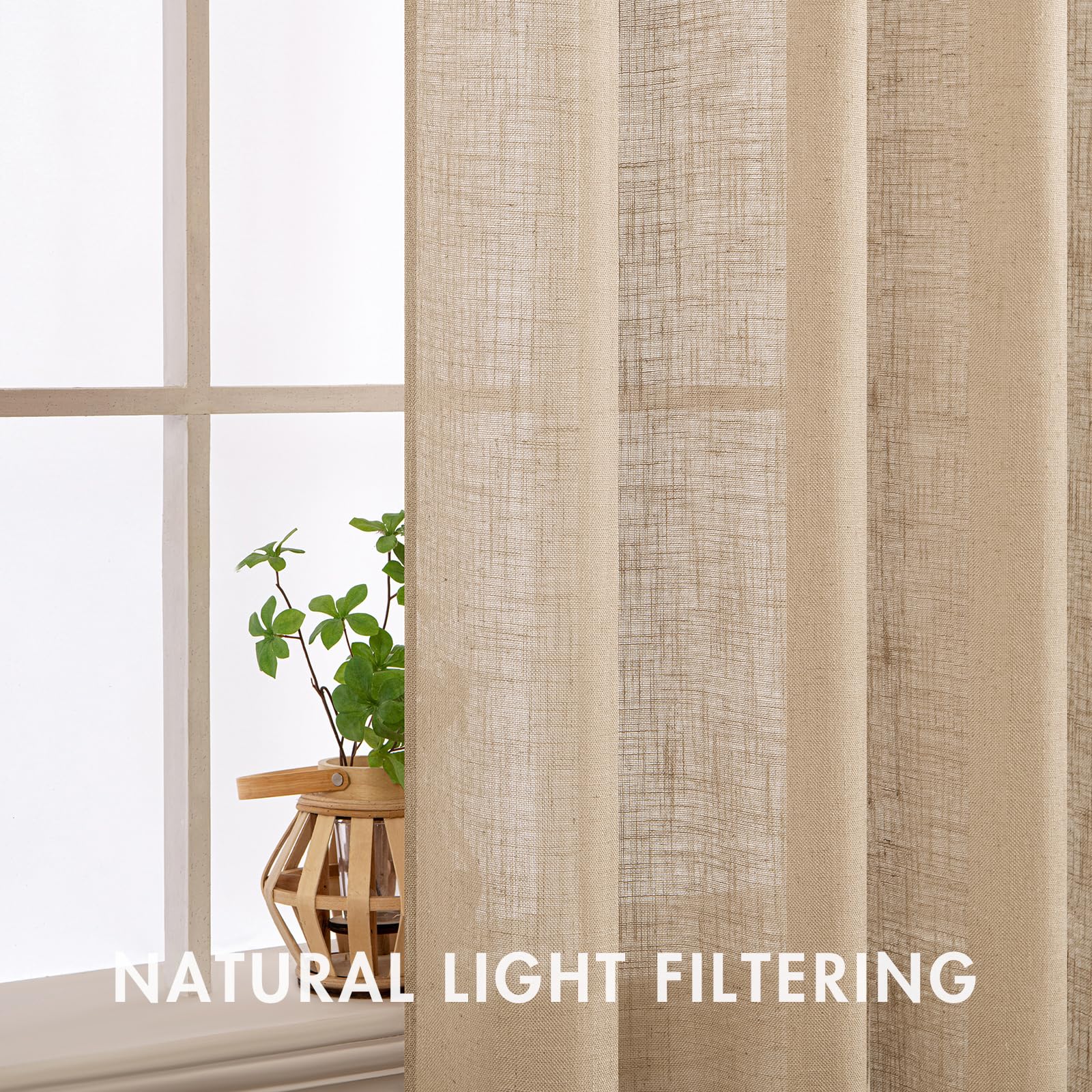 MIULEE 36 Inch Semi-Sheer Cafe Curtains - Light Filtering Farmhouse Linen Tier Curtains for Kitchen, Bathroom & Basement Windows (2 Panels, 26x36 Inches, Camel Beige) | Perfect for Privacy & Natural Light Control in Cozy Spaces