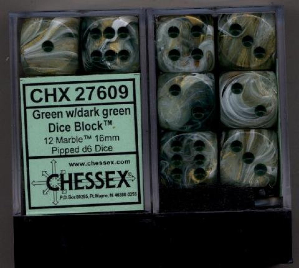 Chessex Dice d6 Sets: Marble Green Swirl with Dark Green Pips - 16mm Six Sided Die (12-Piece Block) for RPG, D&D, Board Games & Tabletop Gaming