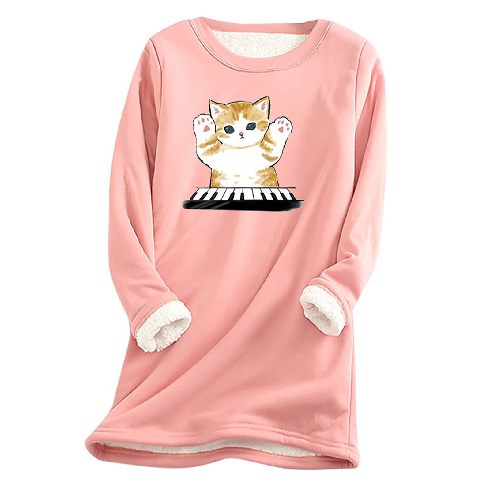 Women's Cute Cat Print Long Sleeve T-Shirt Dress - Soft Fleece Crew Neck Loungewear & Sleepwear for Fall | Cozy Nightgown for Home, Lounge, and Casual Outings